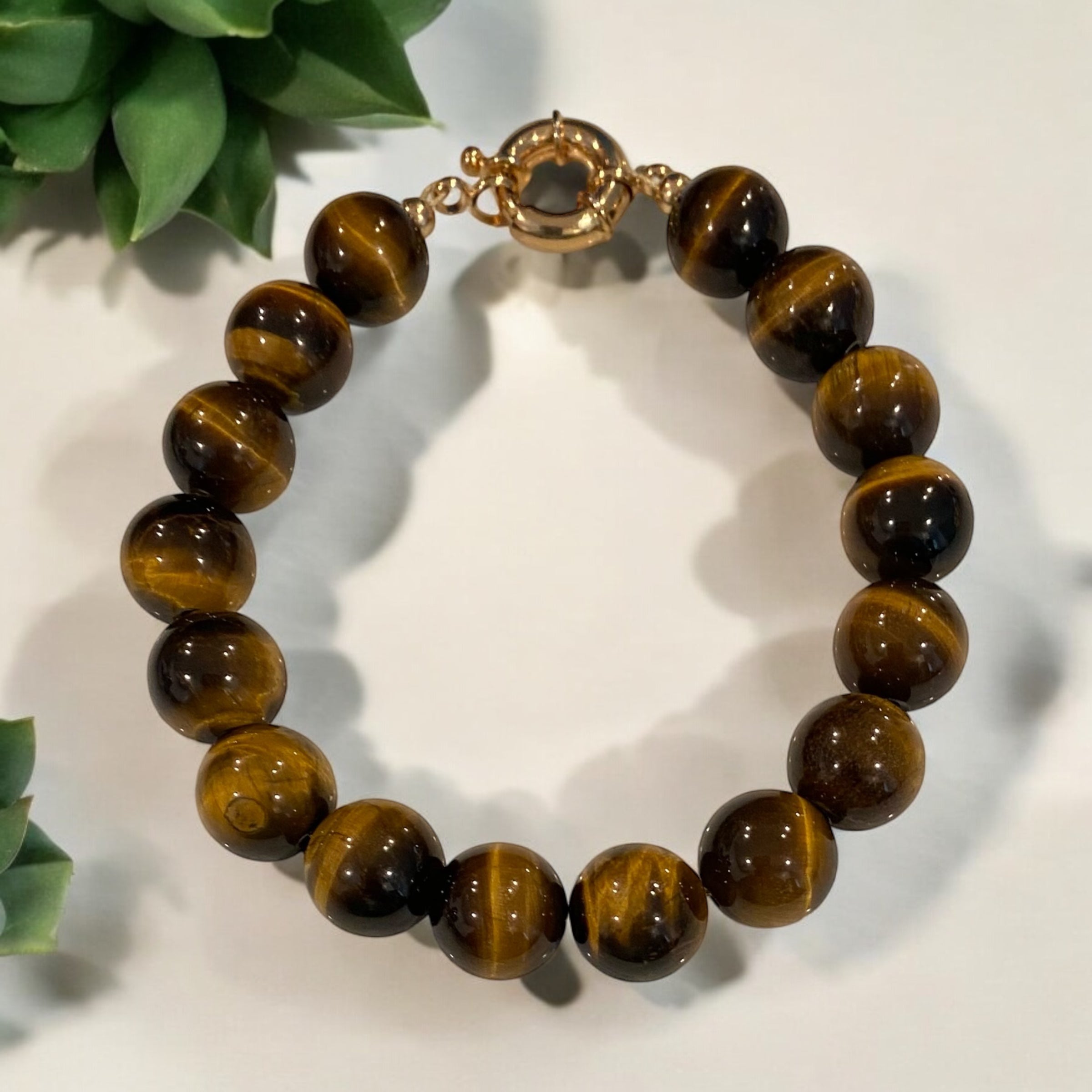 Men's Tigers Eye 12mm Gemstone Bracelet | Gold Filled 18K Bracelet | Classic Men's Jewelry