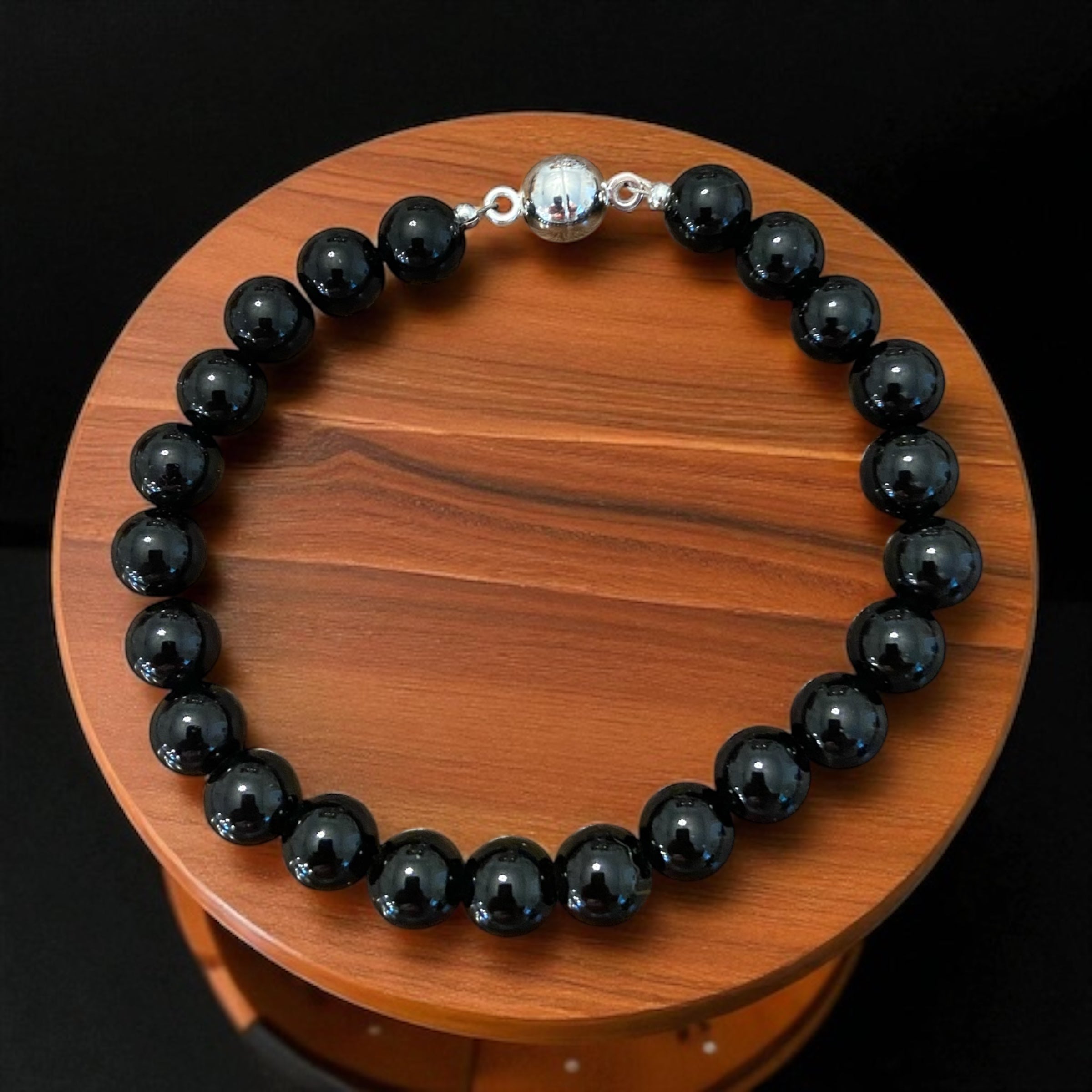Sterling Silver Men's Polished Black Onyx Bracelet, 10mm