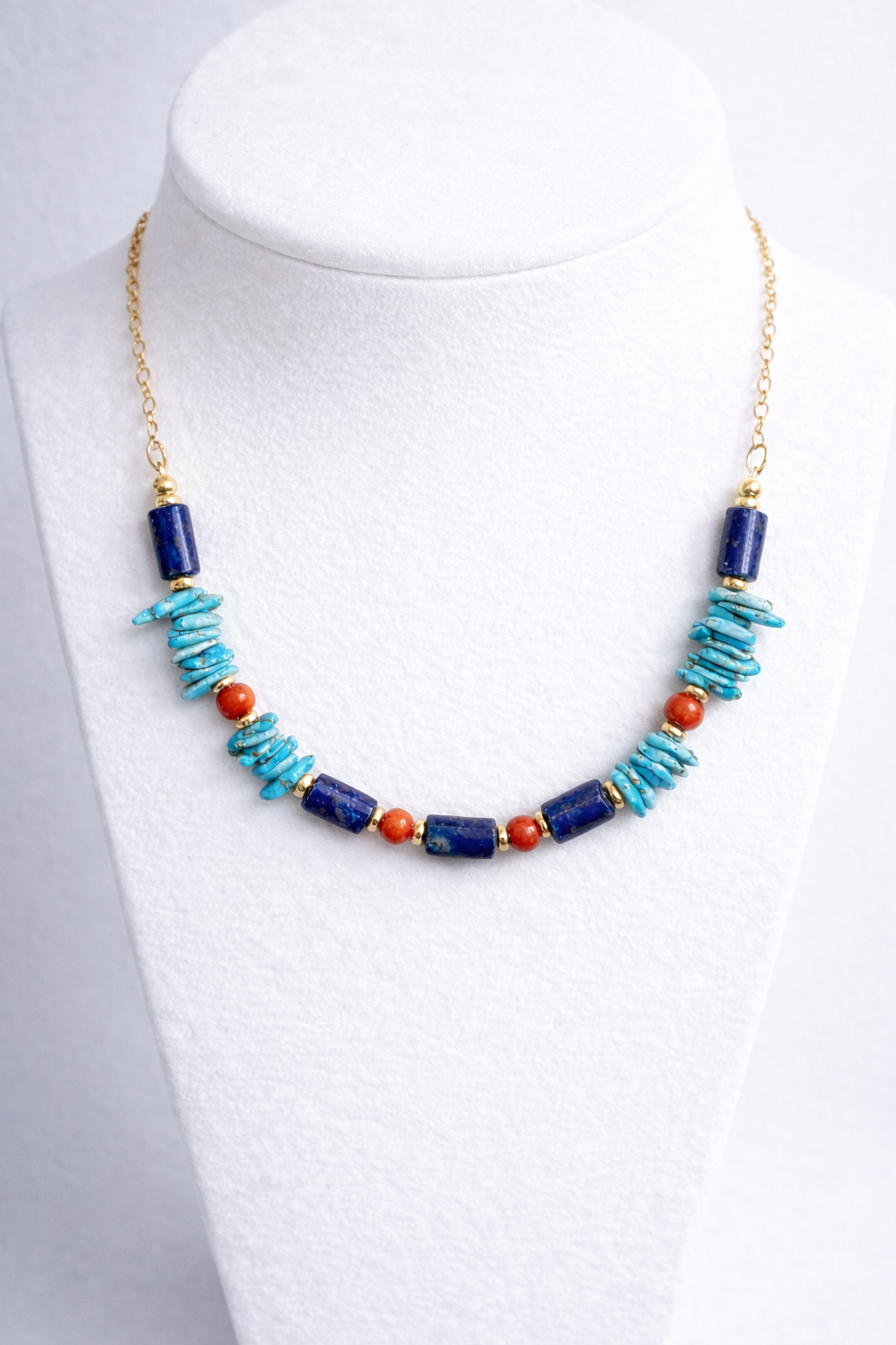 Collector’s Turquoise, Lapis & Red Coral Necklace in 14K Gold (18")