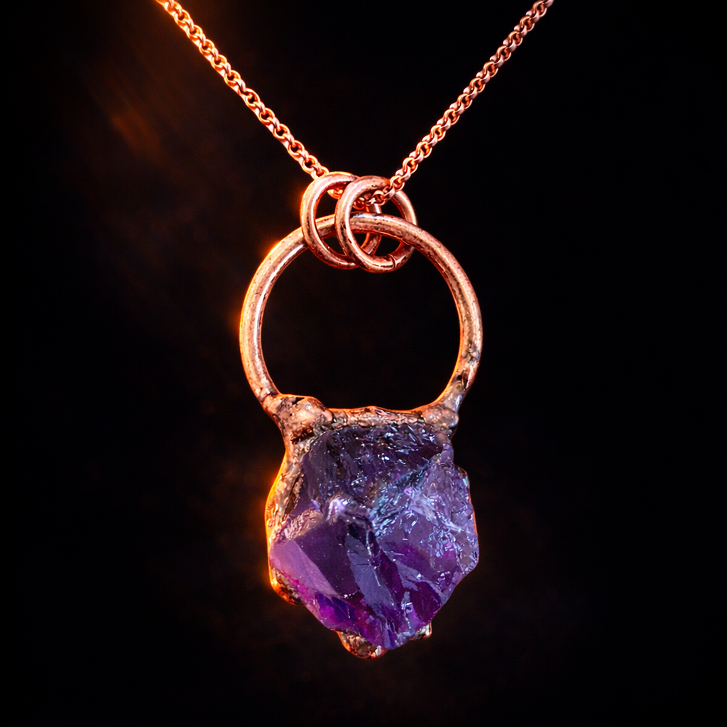 Copper Amethyst Chunk Gemstone Pendant, 14K Rose Gold-filled Chain