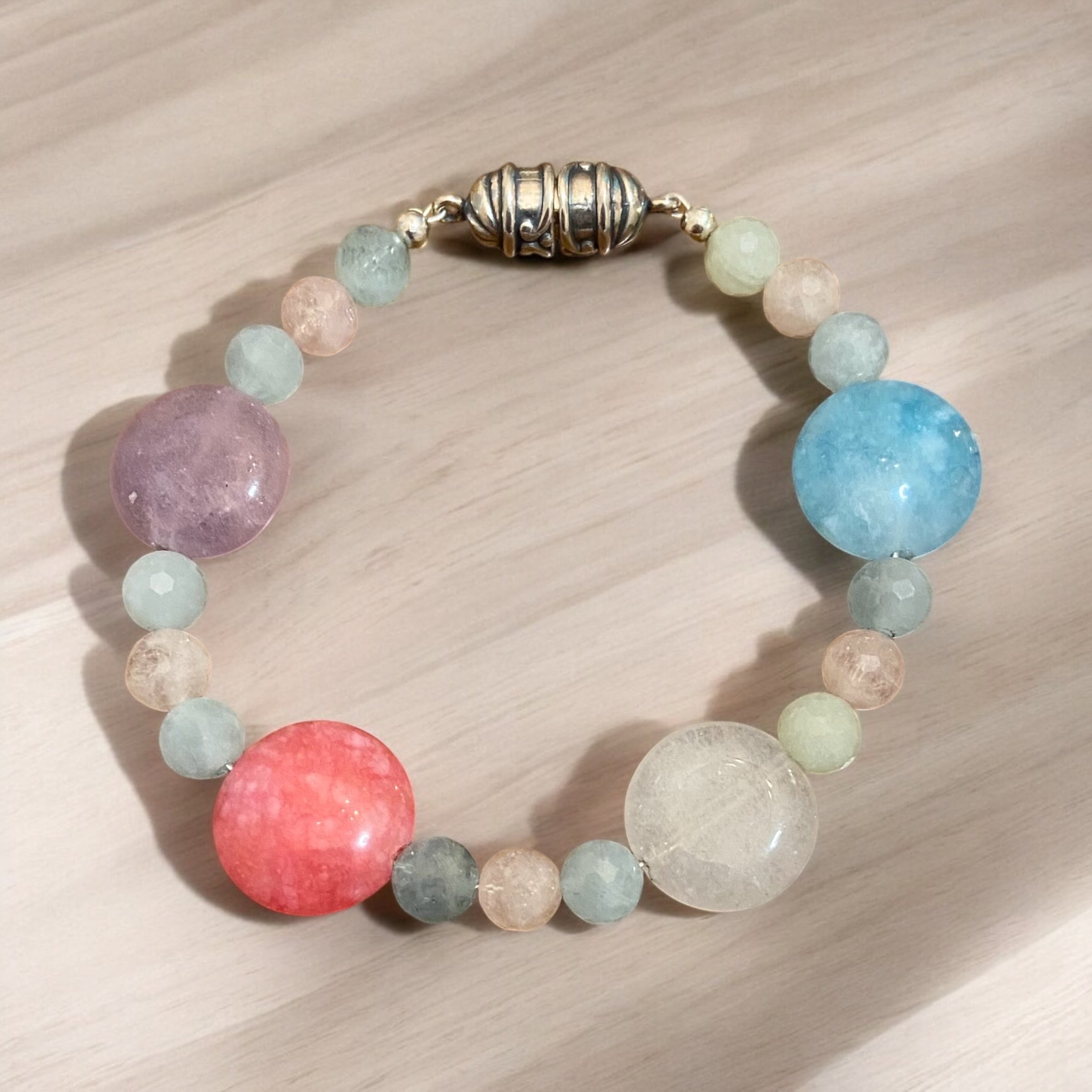 Quartz with Aquamarine, Green Beryl, and Morganite Bracelet