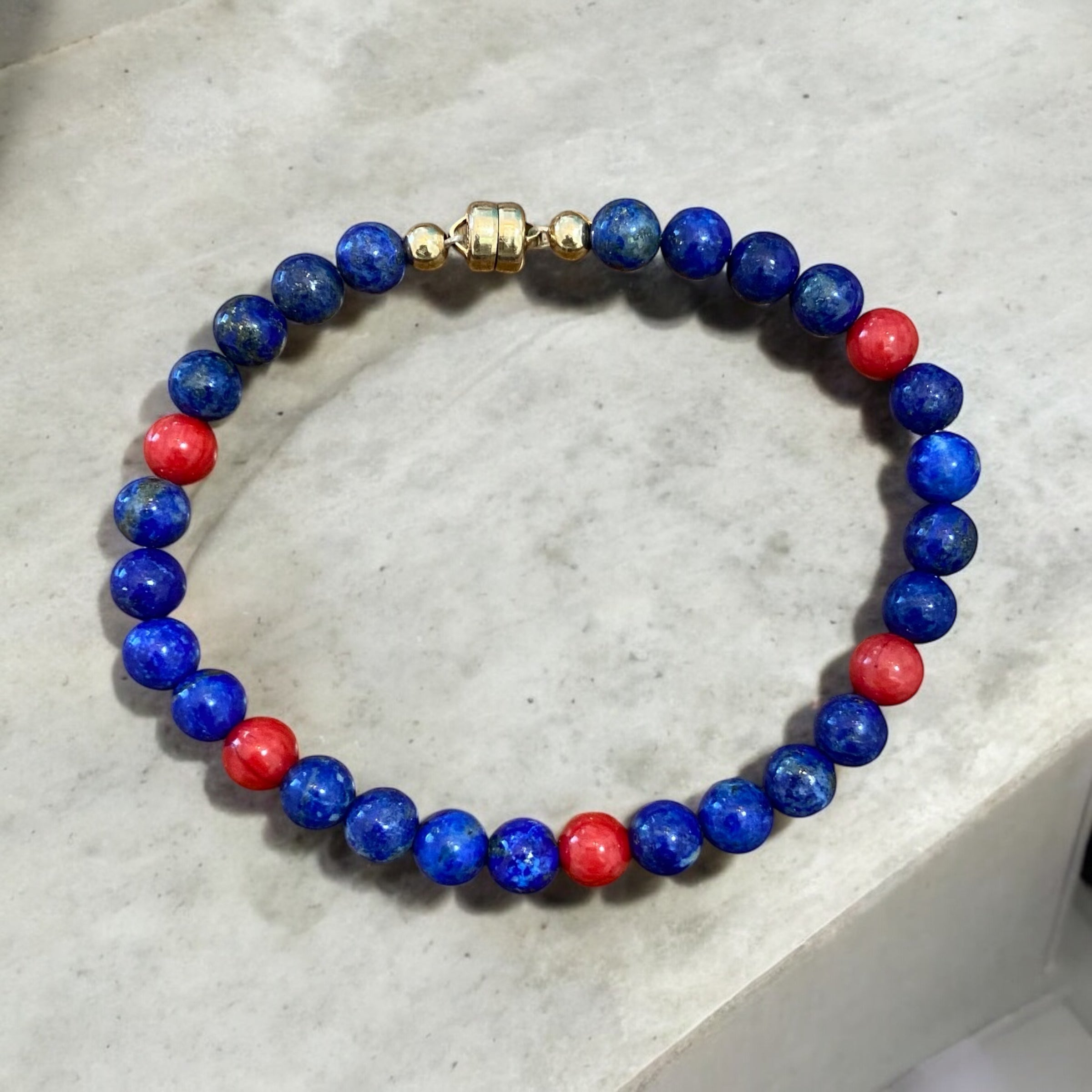 Lapis Lazuli & Red Coral Line Gemstone Bracelet with Magnetic 14K Gold-Filled Clasp