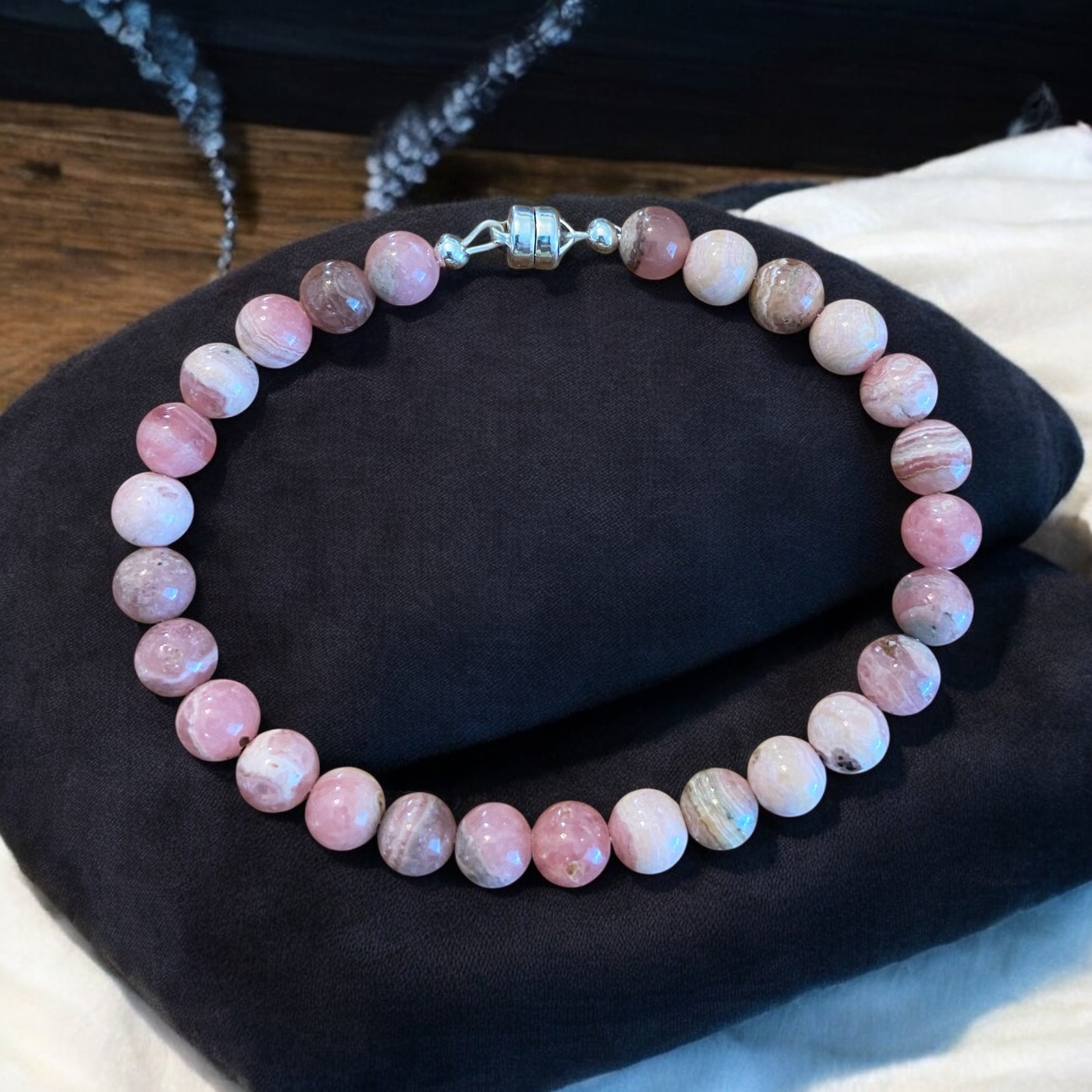 Stone of Self-Love: Rhodochrosite Gemstone Line Bracelet with Magnetic Sterling Silver Clasp