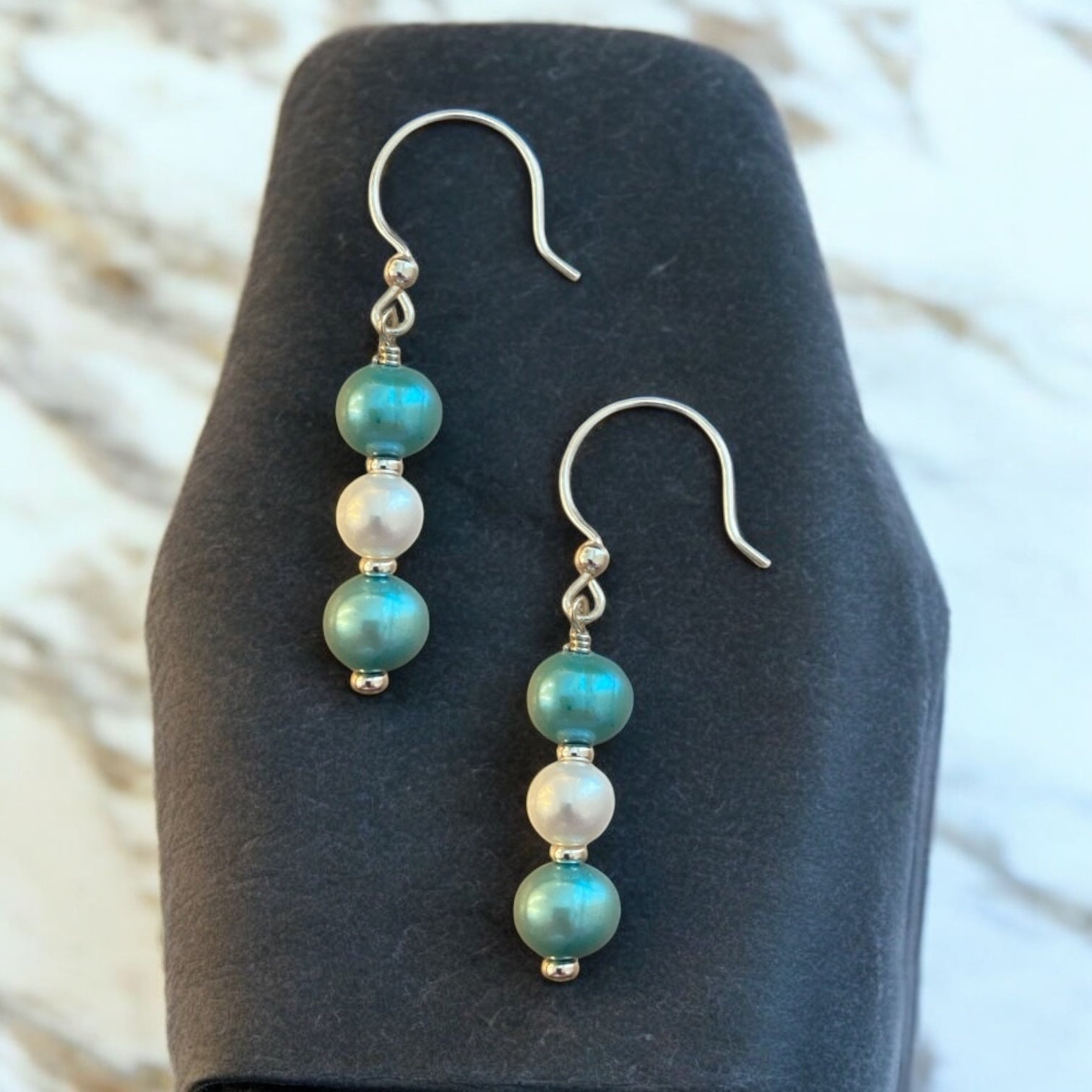 Pearls by the Shore: Teal & White Beaded Earrings | Sterling Silver Beachy Dangles | Coastal Jewelry