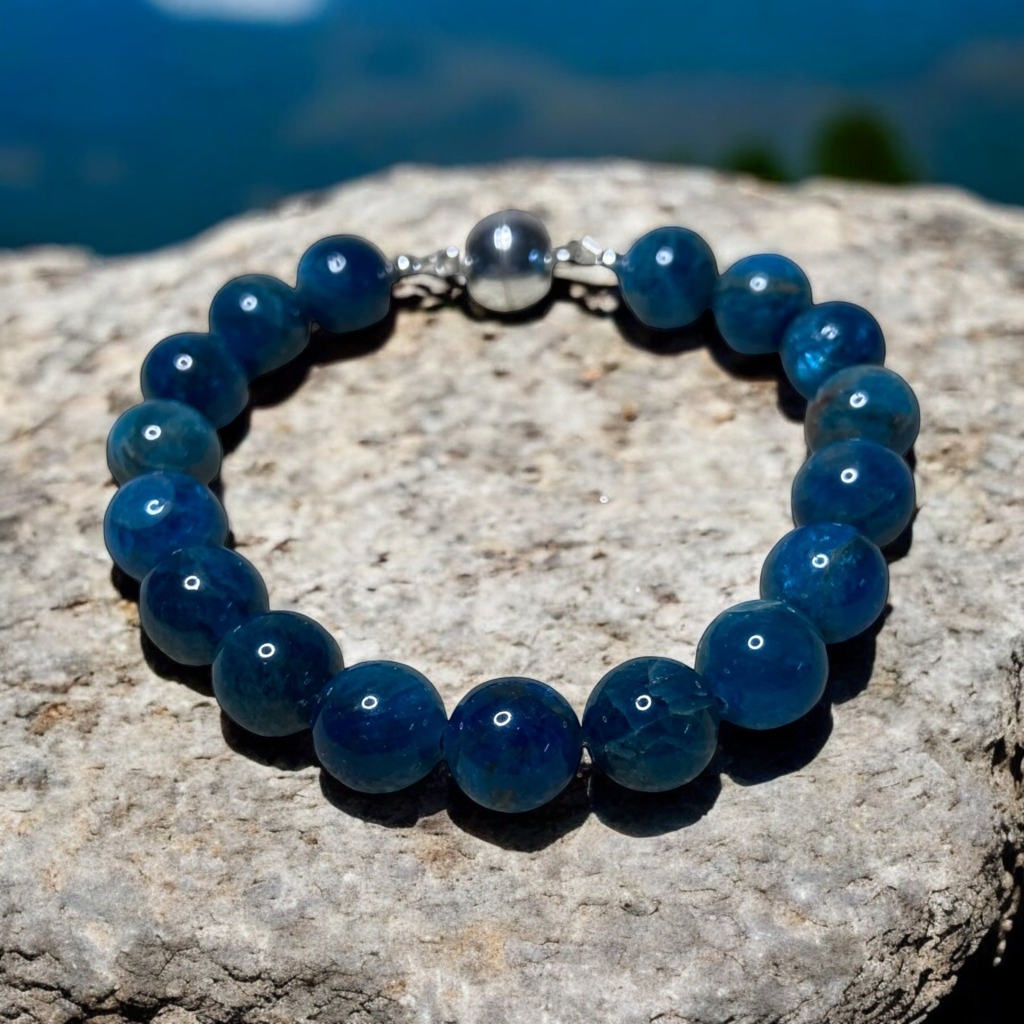 Power &: Strength: Men's Blue Apatite Gemstone Bracelet in Sterling Silver