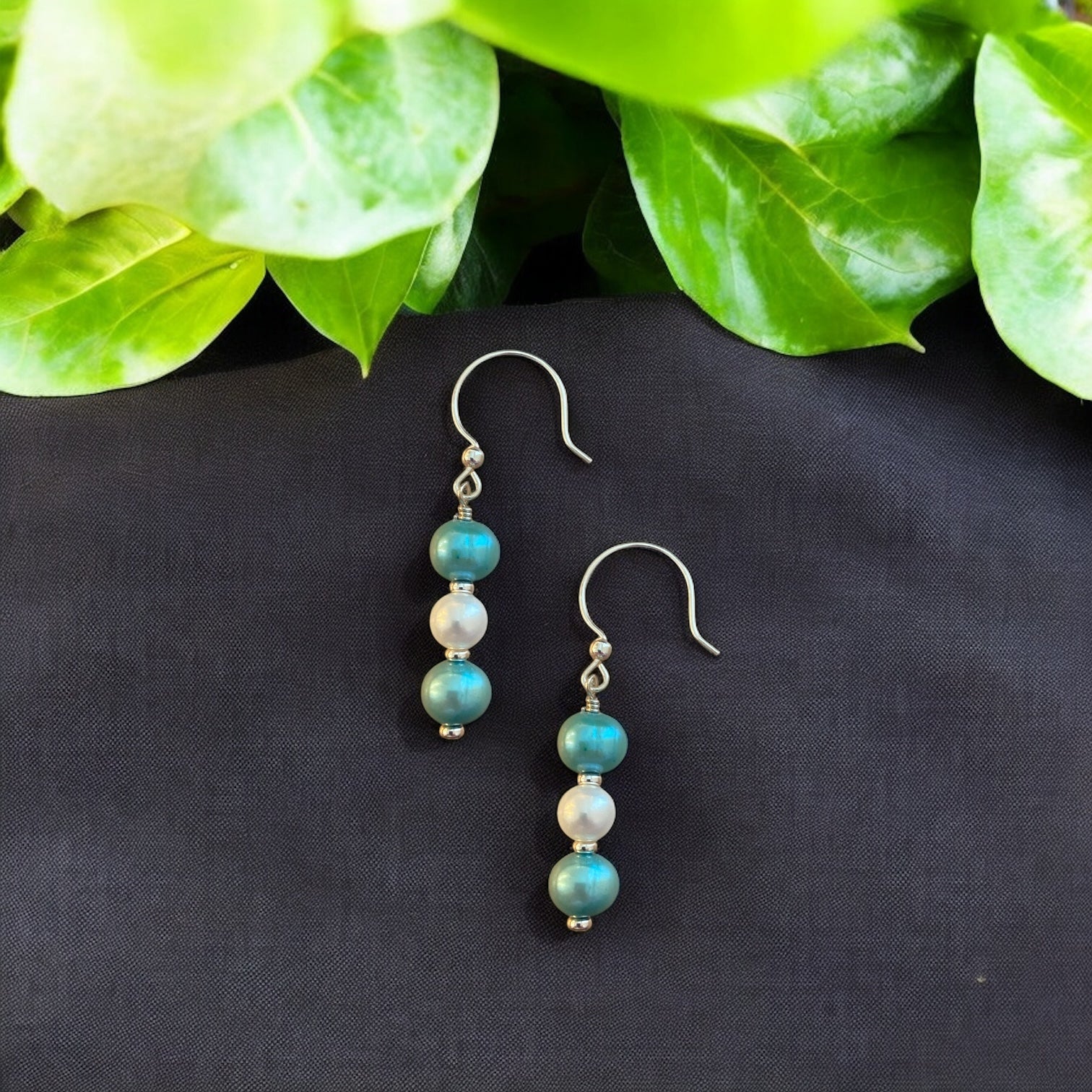 Pearls by the Shore: Teal & White Beaded Earrings | Sterling Silver Beachy Dangles | Coastal Jewelry