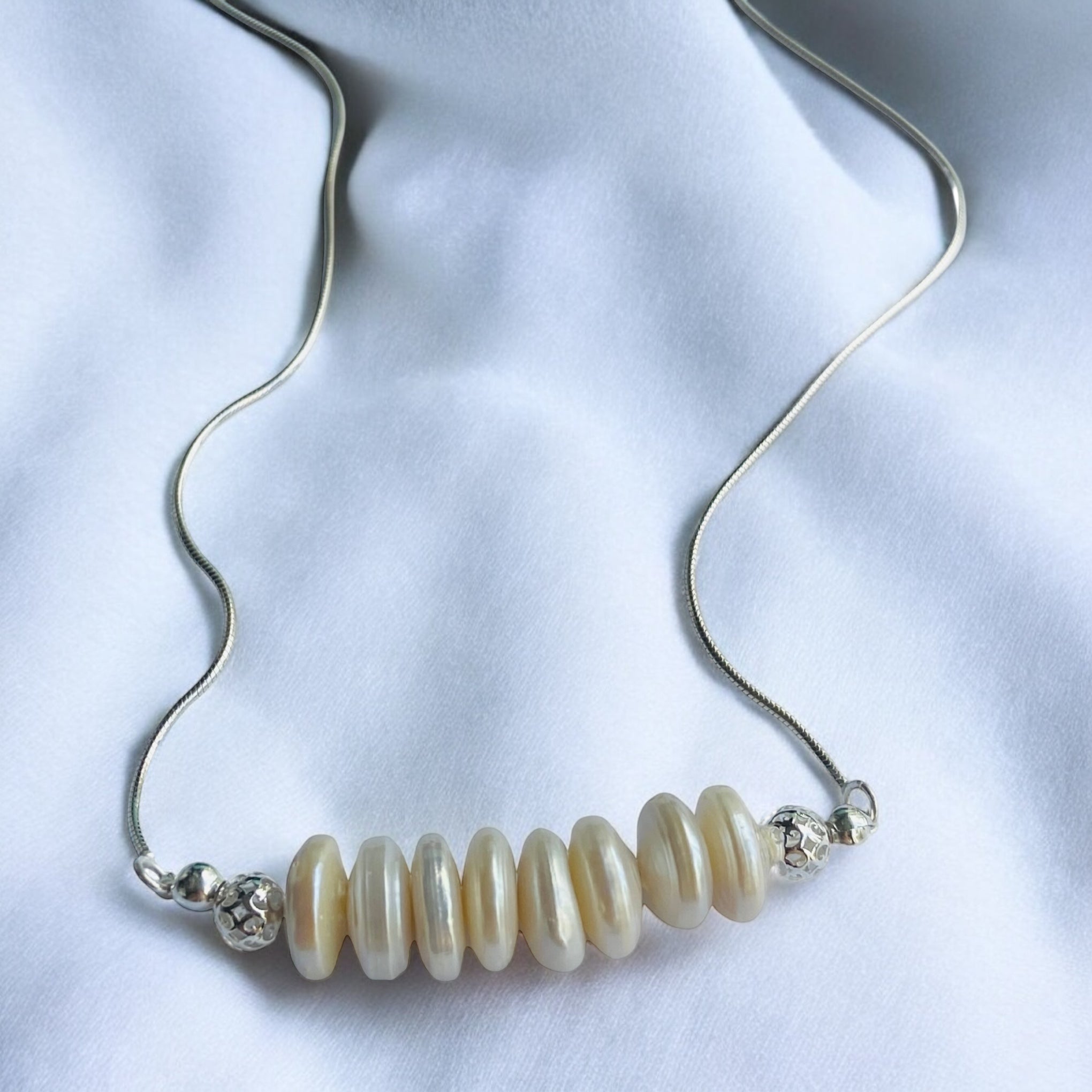 Luminous Pearl Bar Necklace on Sterling Silver Snake Chain