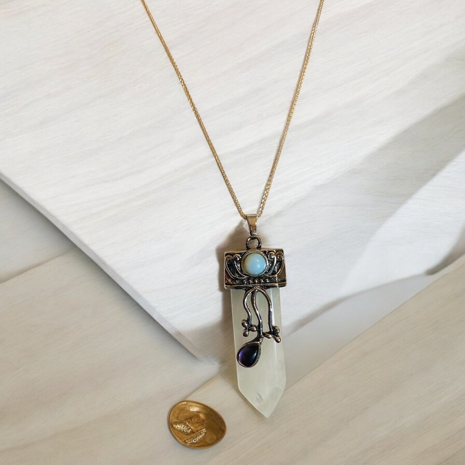 Crystal Quartz Pendant with Opal and Amethyst, 22" Adjustable Chain