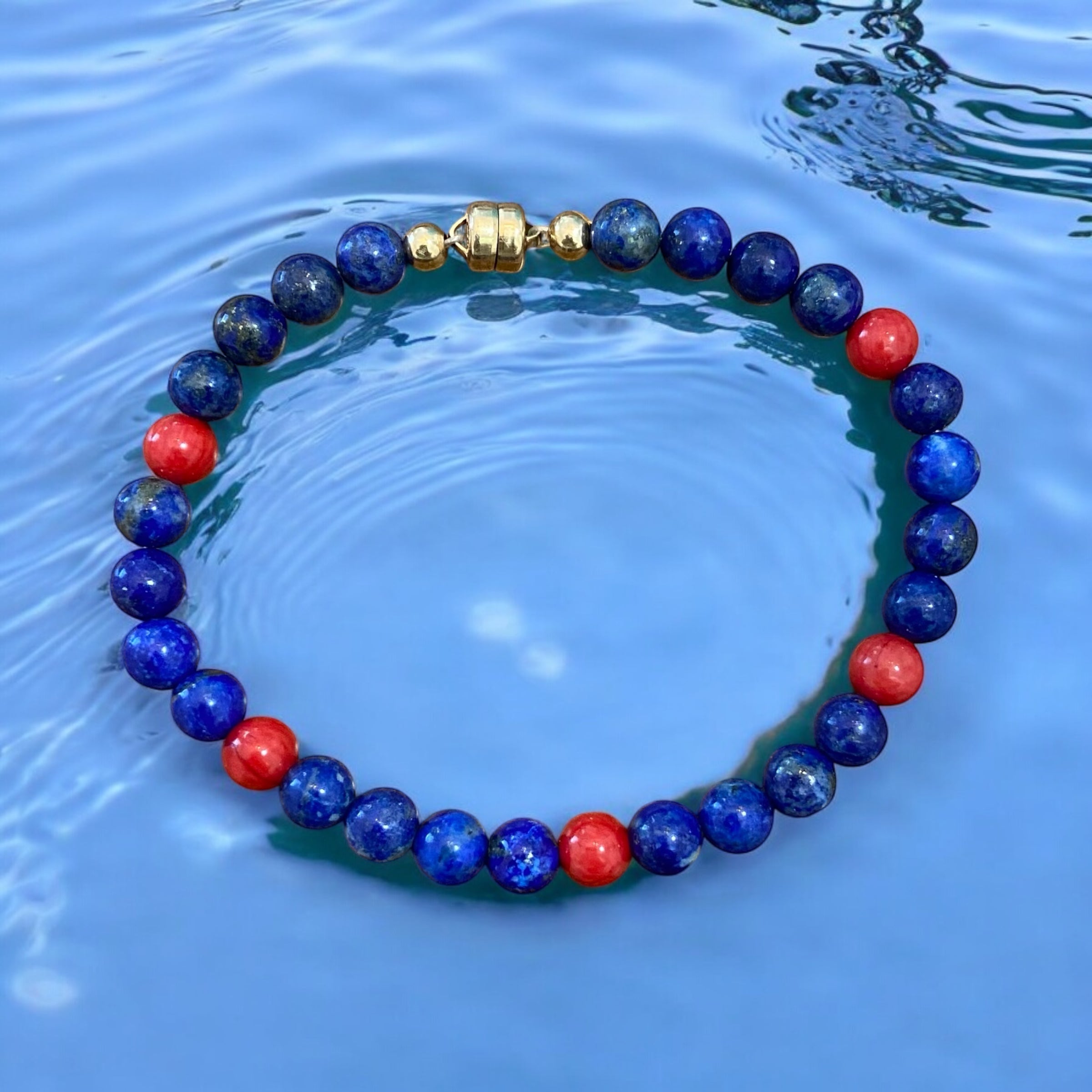 Lapis Lazuli & Red Coral Line Gemstone Bracelet with Magnetic 14K Gold-Filled Clasp
