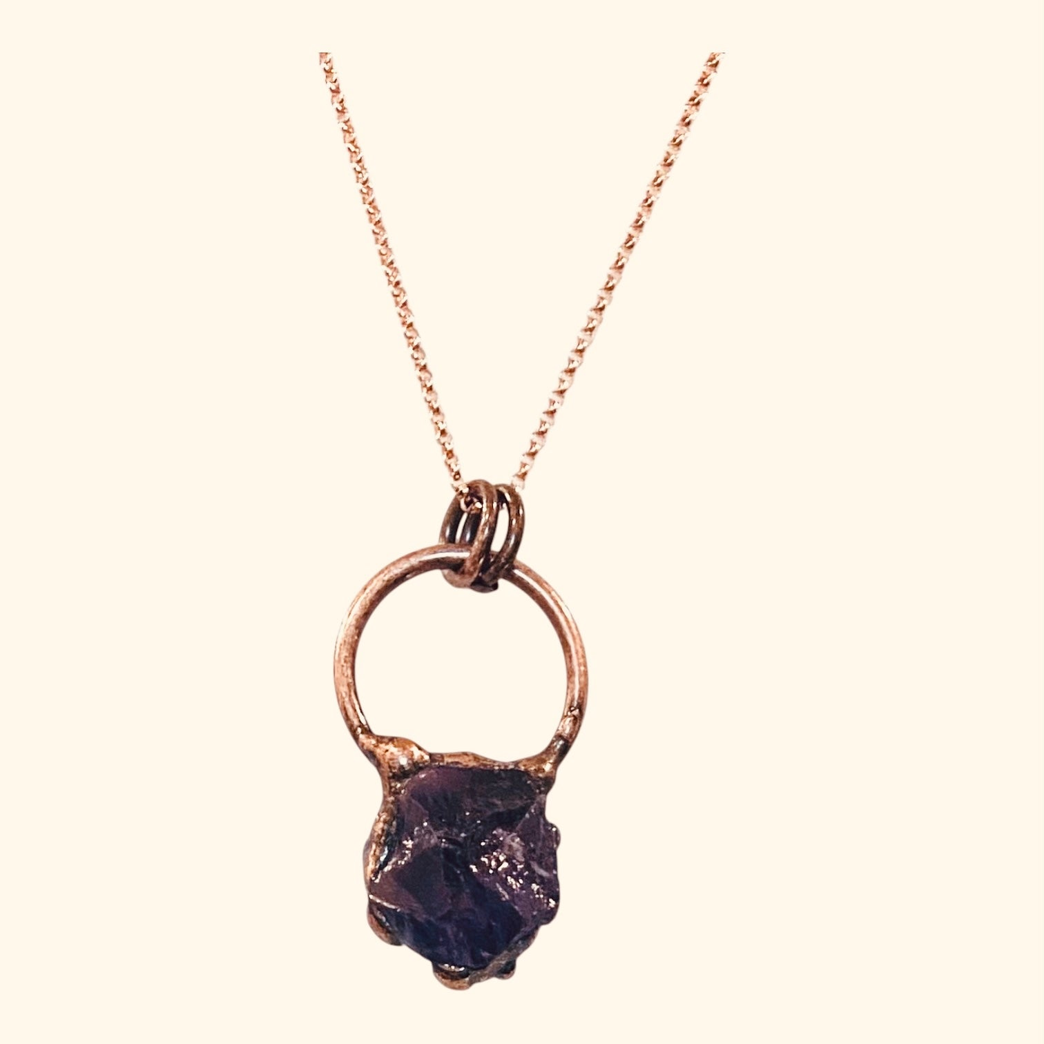 Amethyst Copper Pendant Necklace, Rose Gold-filled Chain on white background