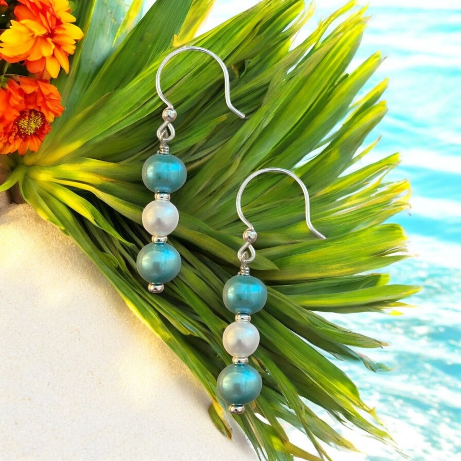 Pearls by the Shore: Teal & White Beaded Earrings | Sterling Silver Beachy Dangles | Coastal Jewelry