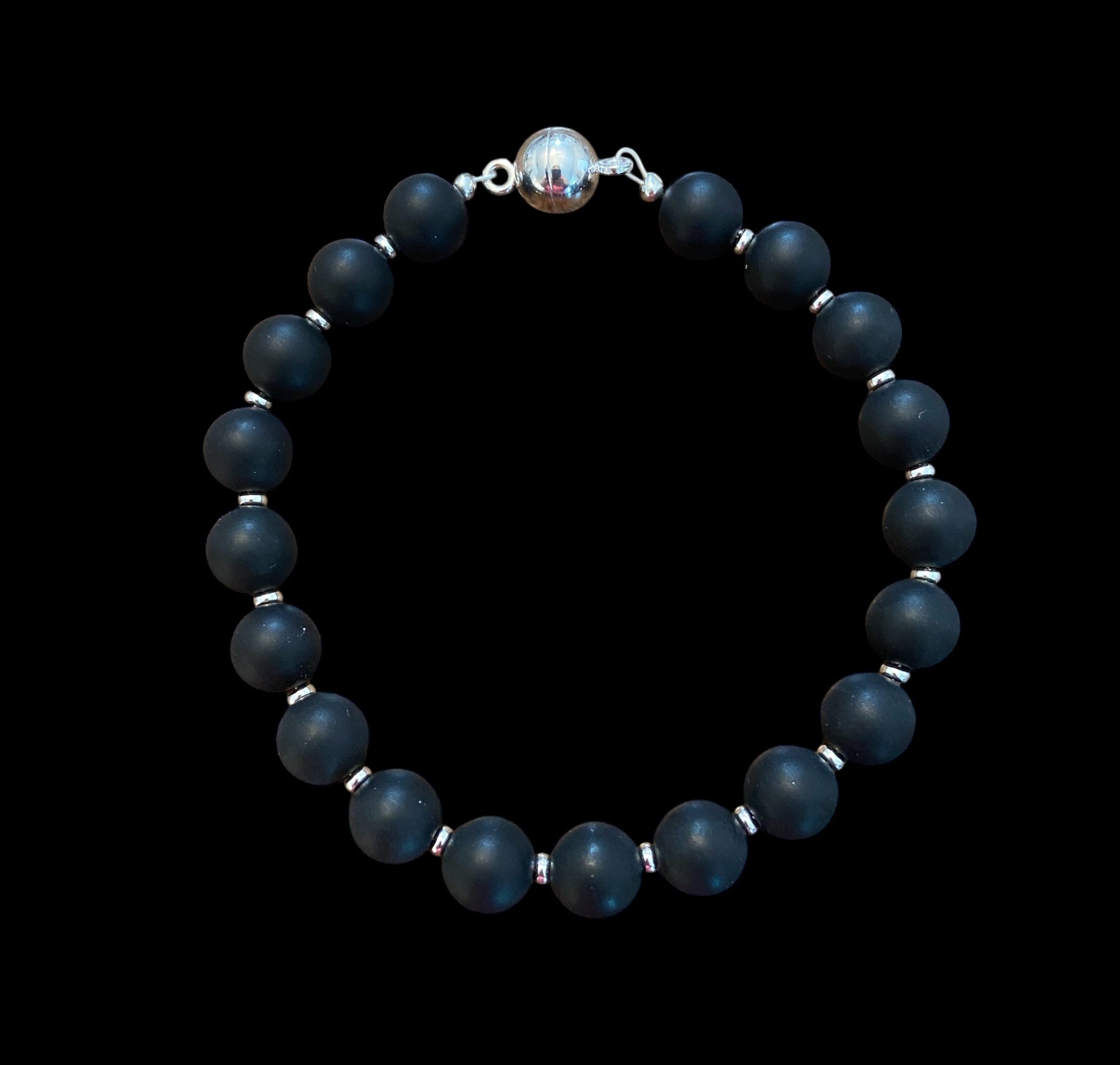 Black matte onxy mens bracelet, sterling silver
