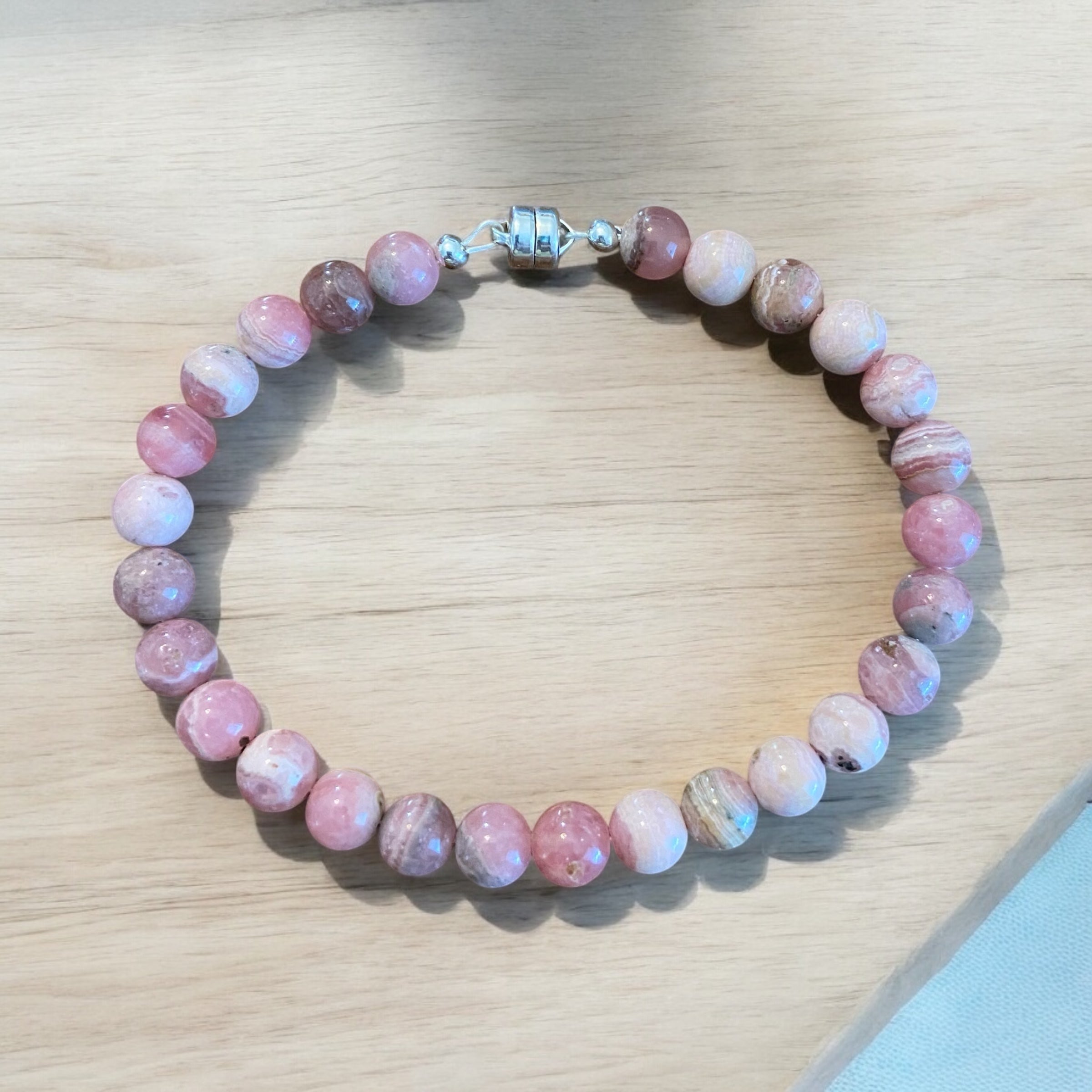Stone of Self-Love: Rhodochrosite Gemstone Line Bracelet with Magnetic Sterling Silver Clasp