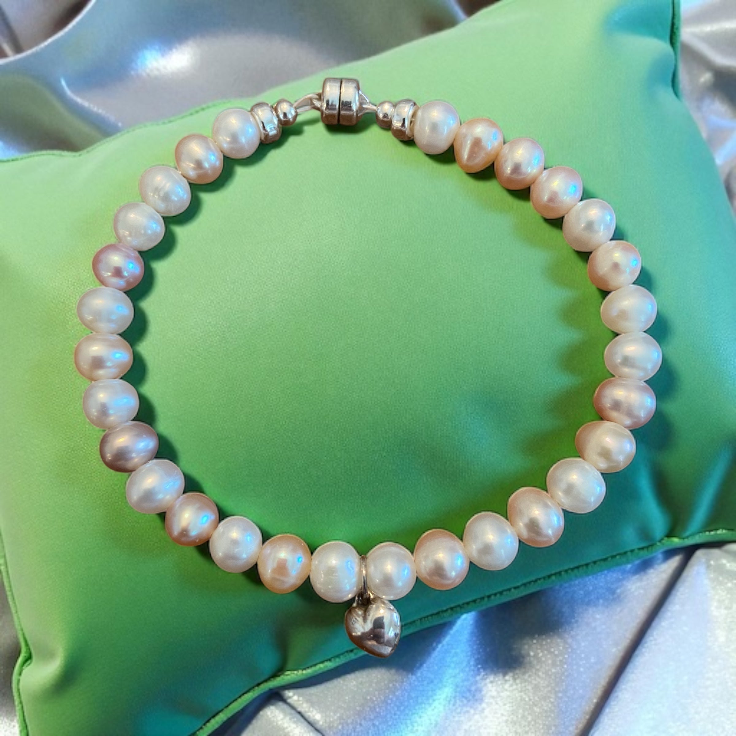Sterling Silver Soft White & Champagne Freshwater Pearl Bracelet (with heart or without)