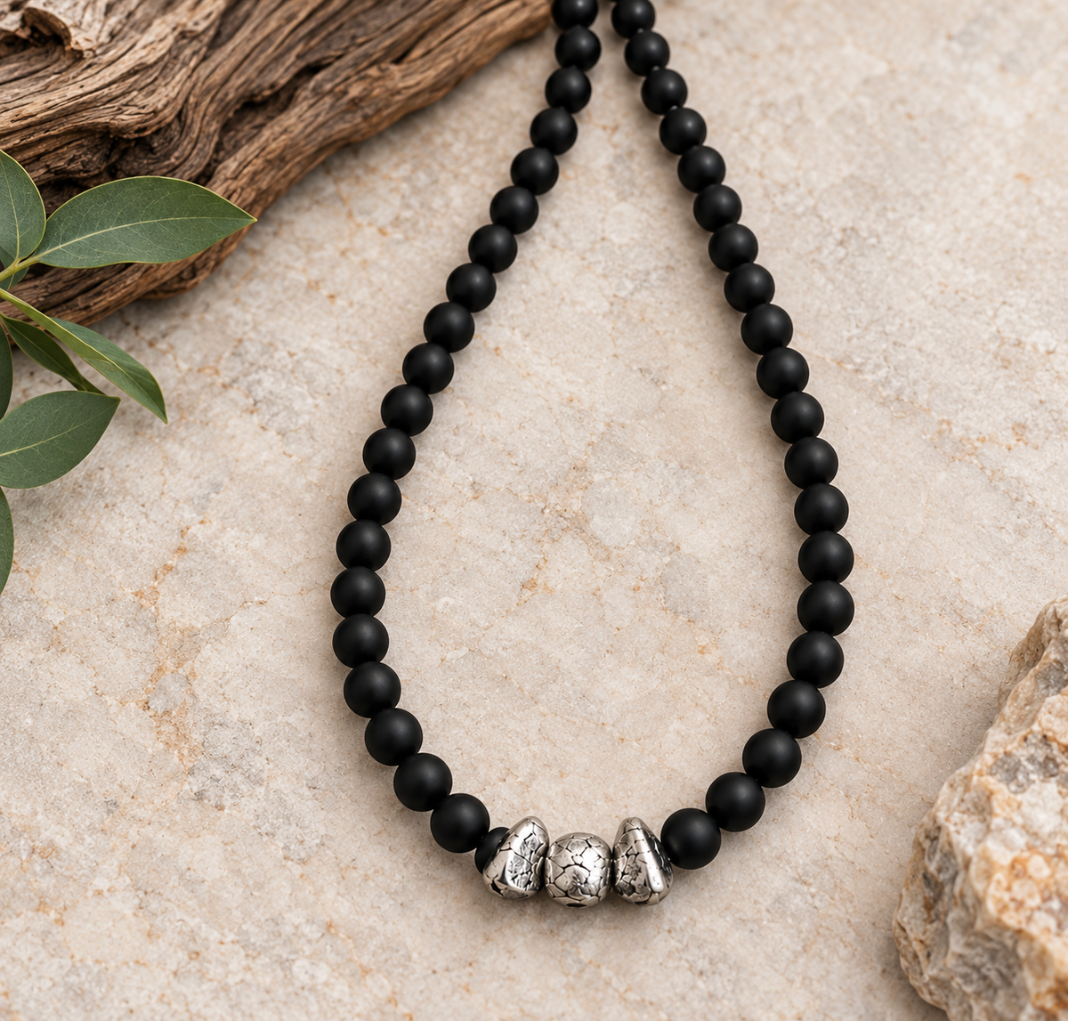 Sterling Silver Black Onyx Meteorite Man Necklace, 20-inch