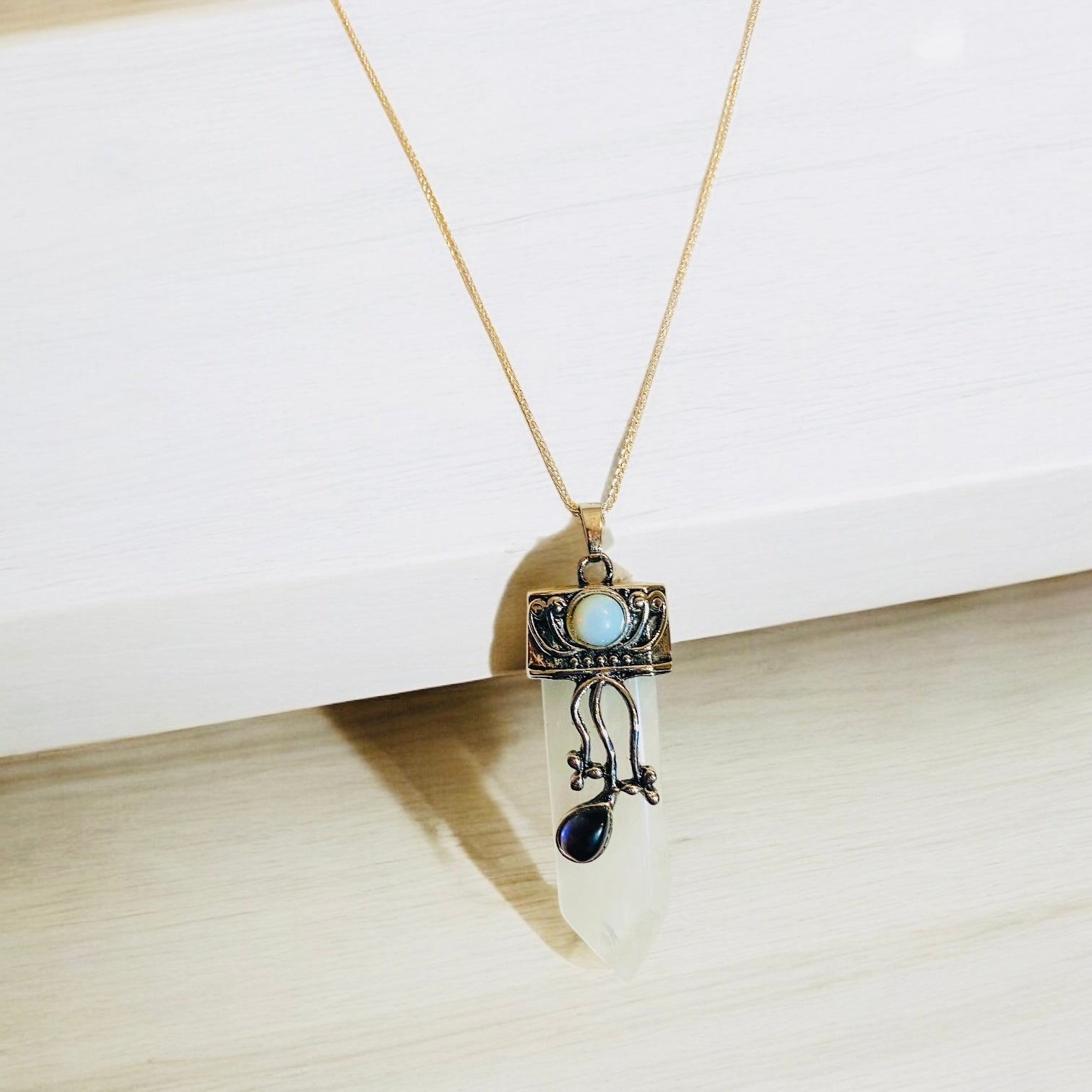 Crystal Quartz Pendant with Opal and Amethyst, 22" Adjustable Chain