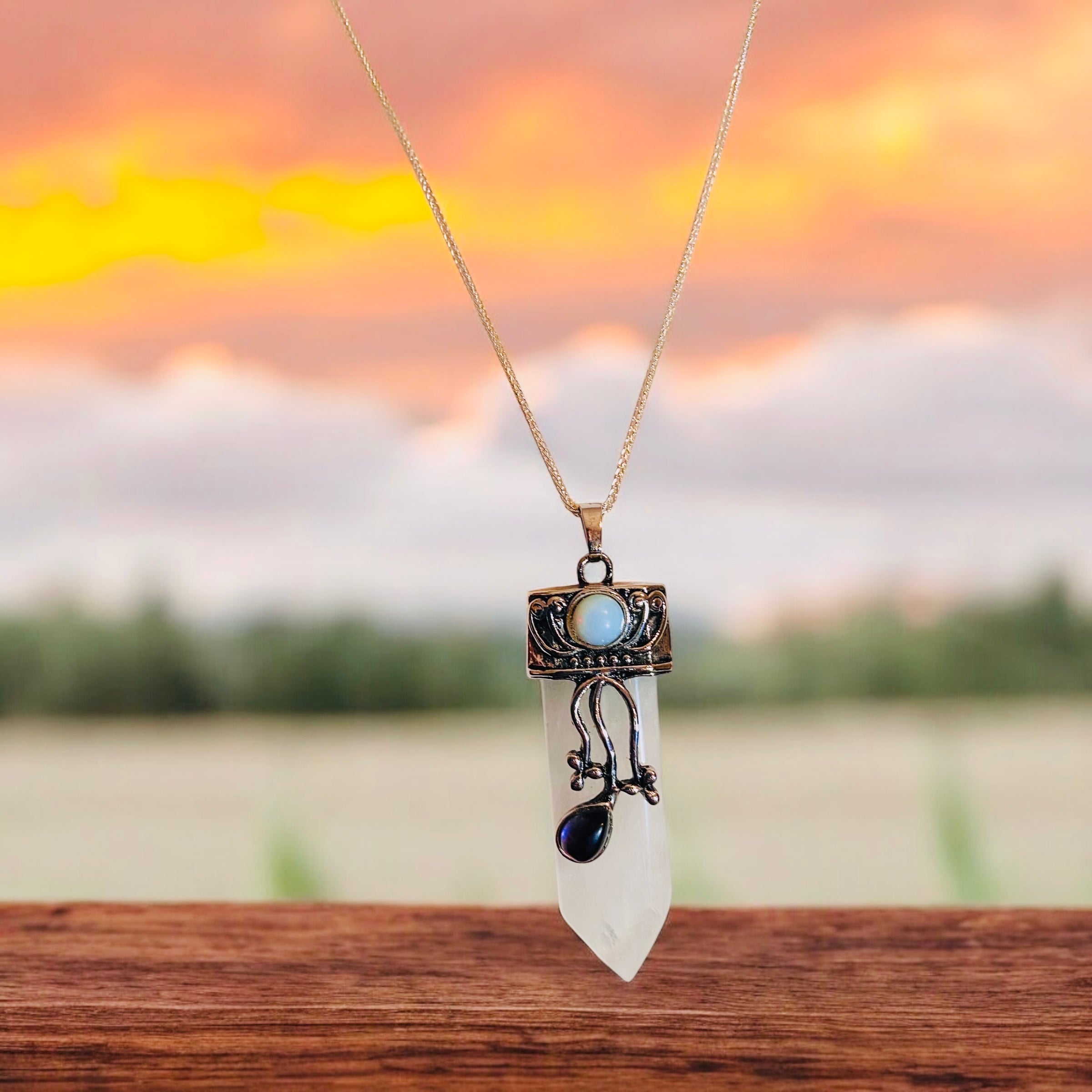 Crystal Quartz Pendant with Opal and Amethyst, 22" Adjustable Chain
