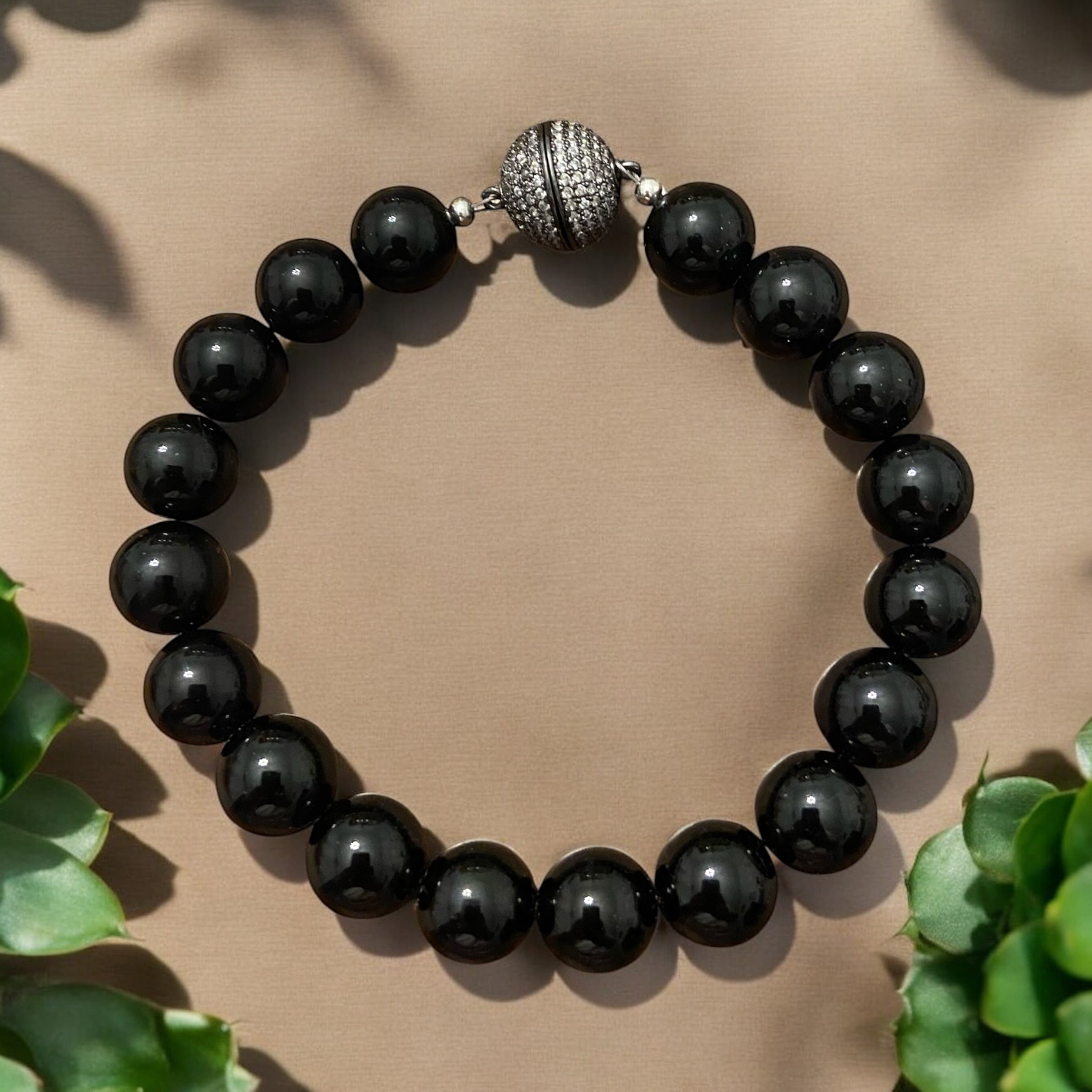 Men's Black Agate Bracelet with Pave CZ Magnetic Clasp (12mm)