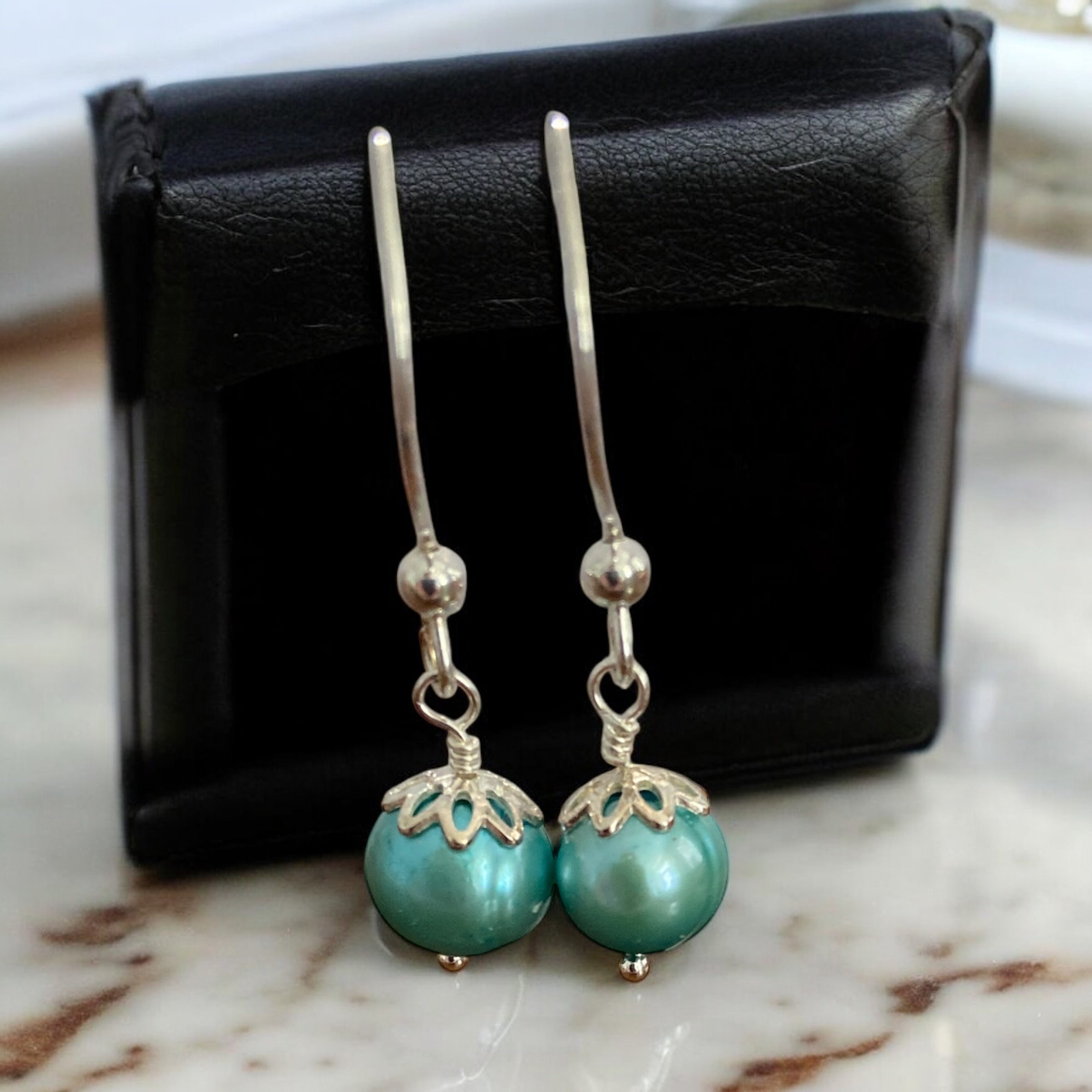 Whispers of Teal: Freshwater Pearl Drop Earrings – Sterling Silver