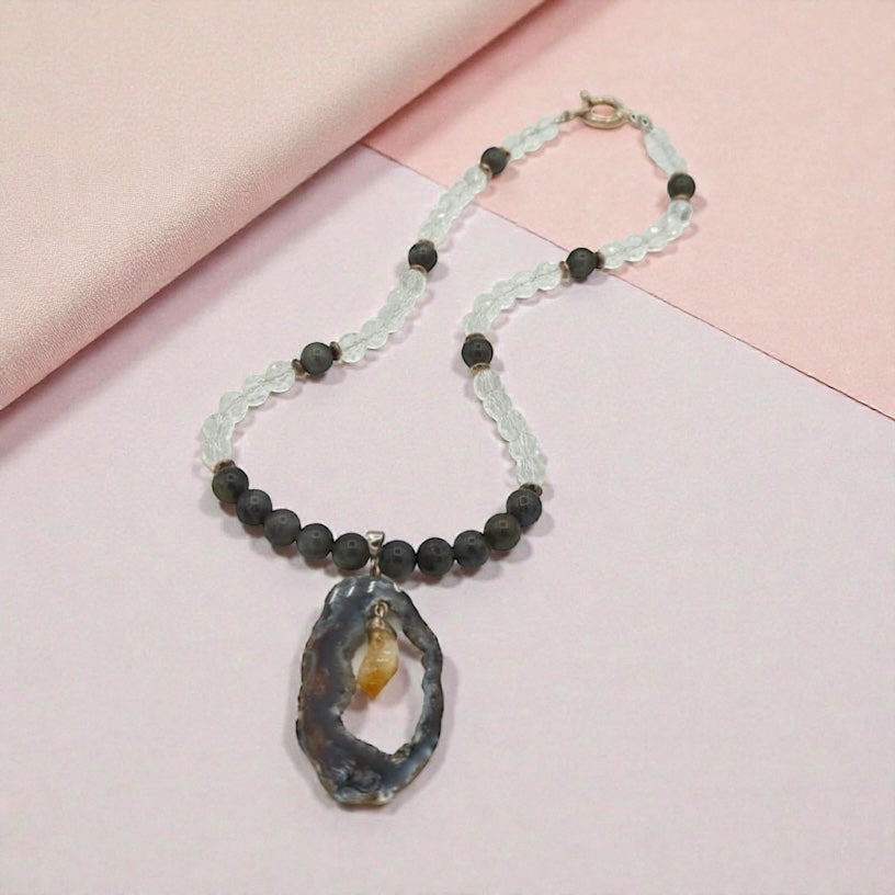 Sterling Silver Handcrafted Druzy Agate Slice, Labradorite & Crystal Quartz Necklace