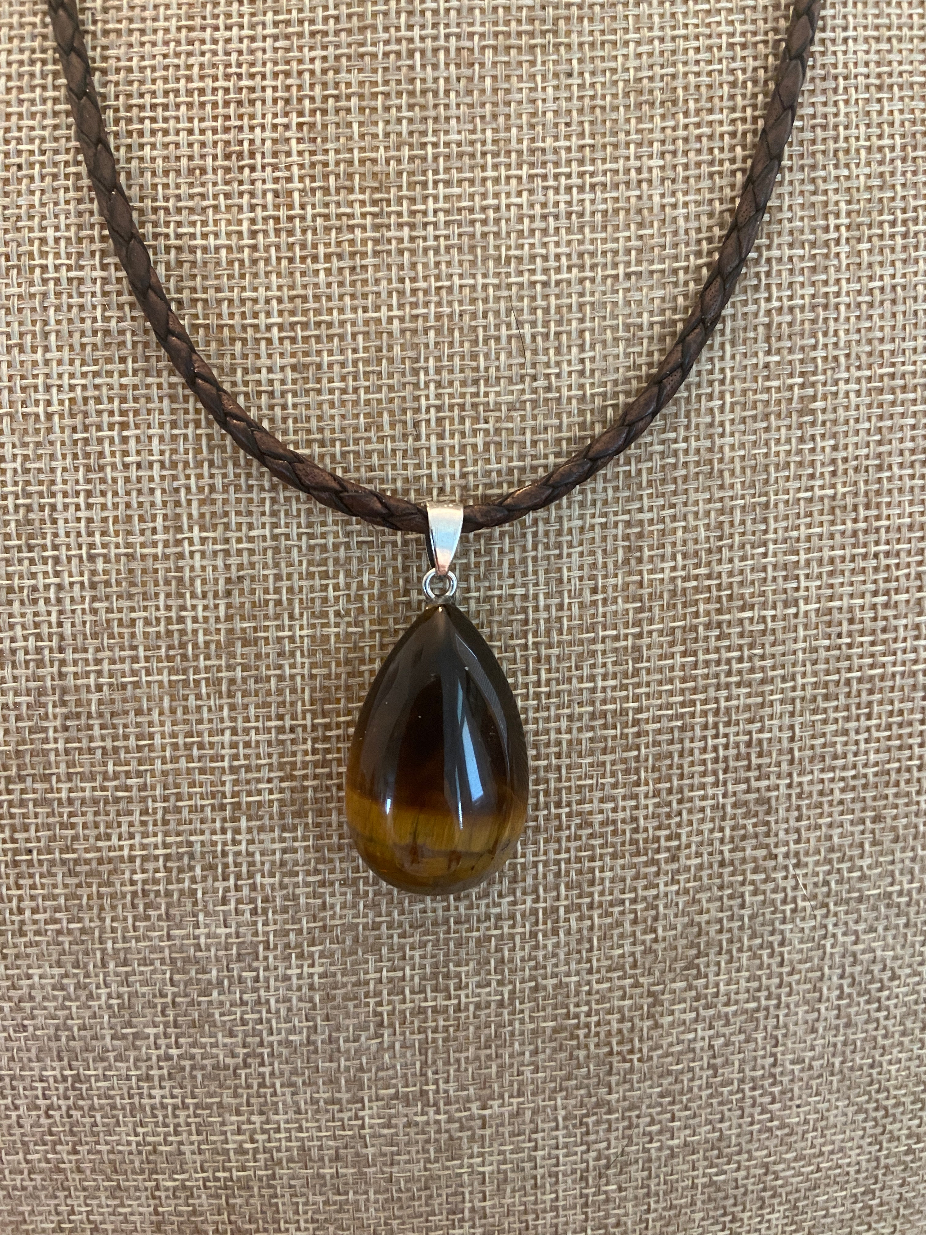 Tiger’s Eye Men’s Pendant Necklace – Braided Leather, 20"