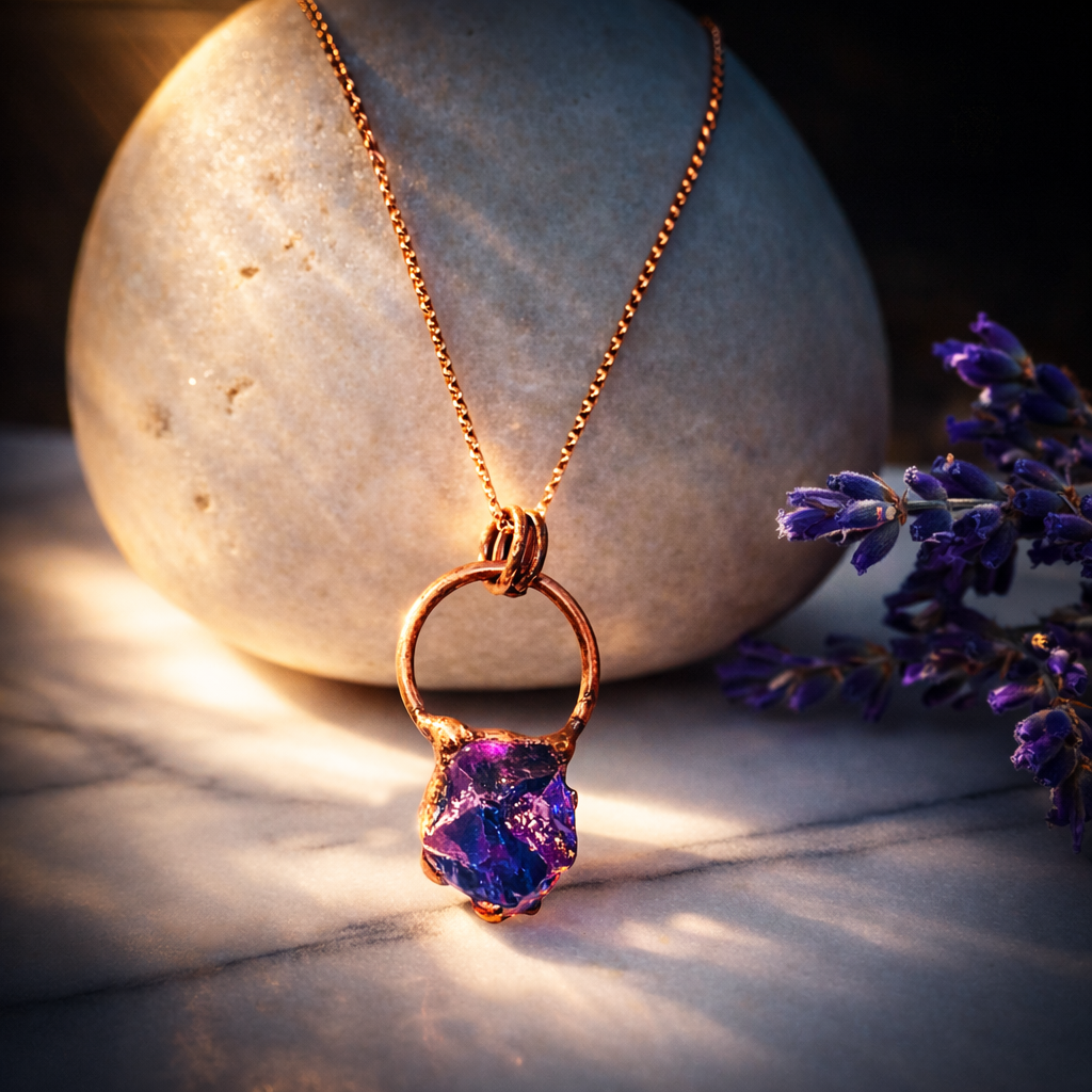 Copper Amethyst Chunk Gemstone Pendant, 14K Rose Gold-filled Chain