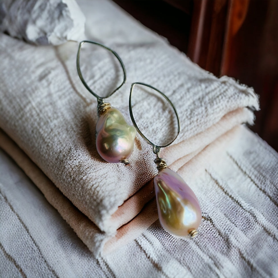 Handcrafted Cultured Freshwater Baroque Natural Pearl Earrings, 14k Gold-filled or Sterling Silver