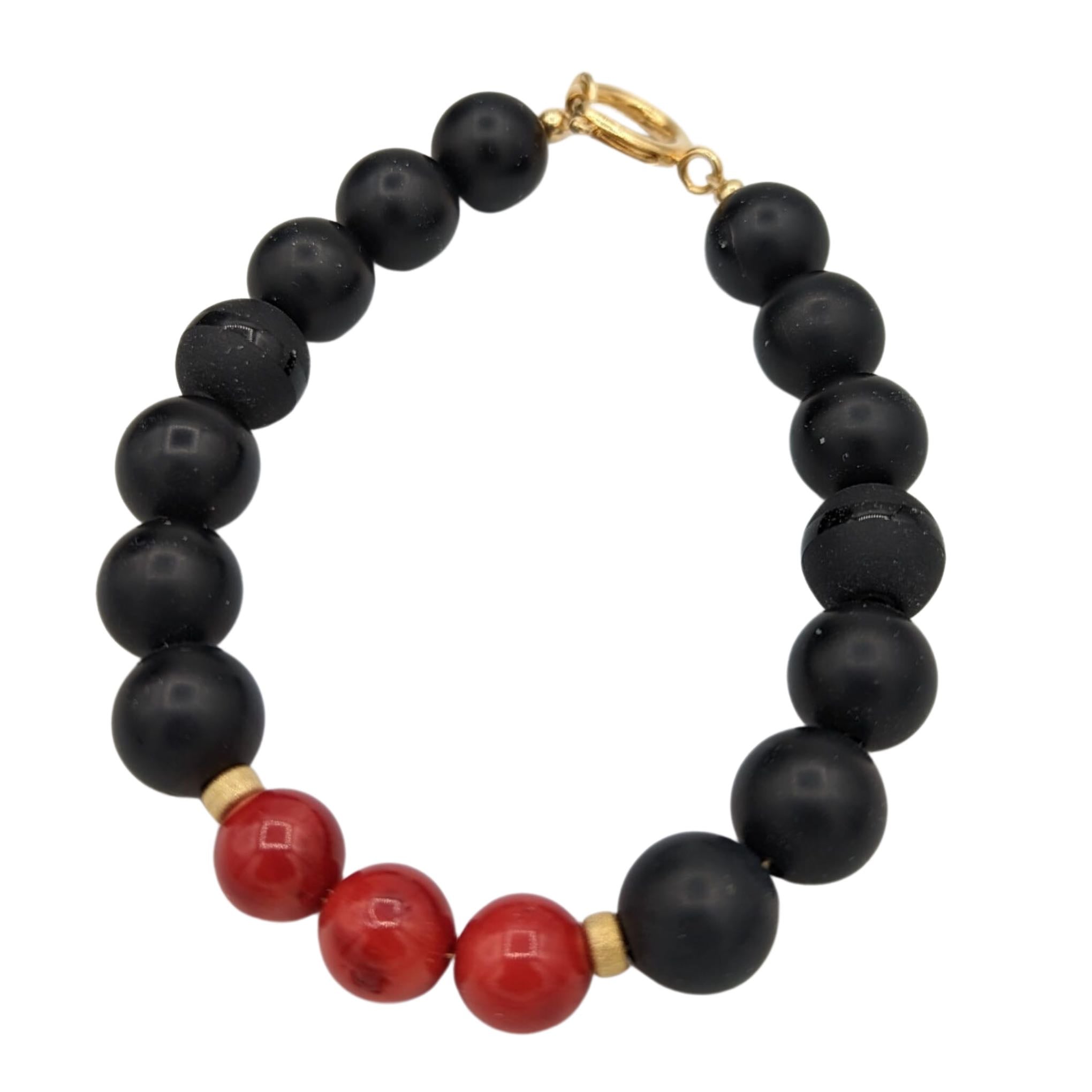 Fiery Elegance: Handcrafted 14K Gold-Filled Black Onyx & Red Coral Bracelet