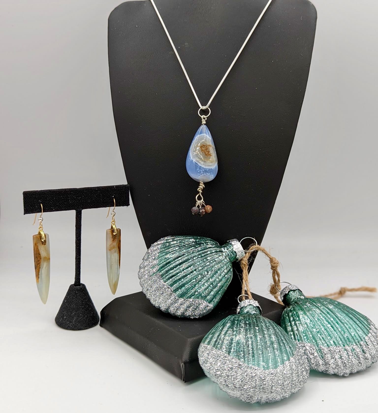 blue chalcedony with chyrosocolla drop sterling silver necklace