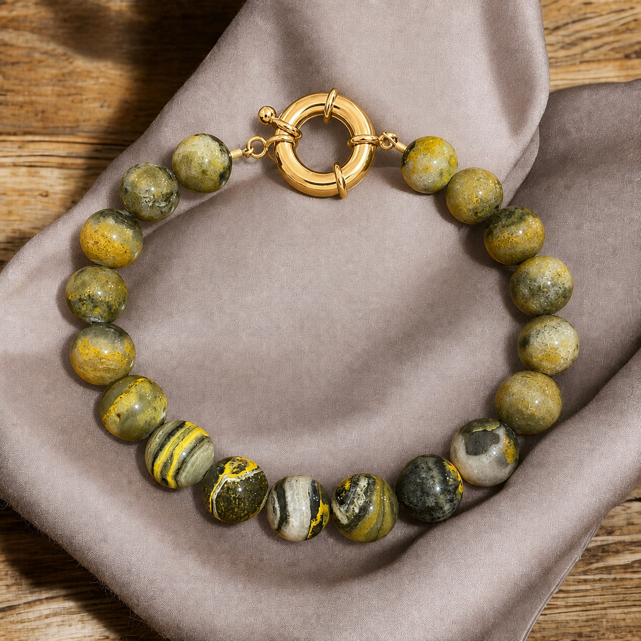 14K Gold-filled Men's Bumblebee Jasper Bracelet, 12mm