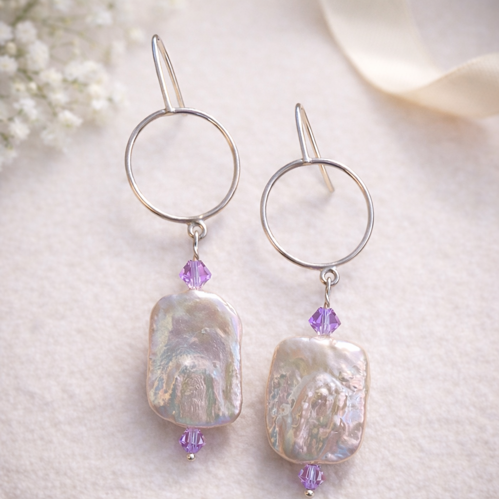 Sterling Silver Earrings with Cultured Freshwater Pearl with Lavender Swarovski Crystals