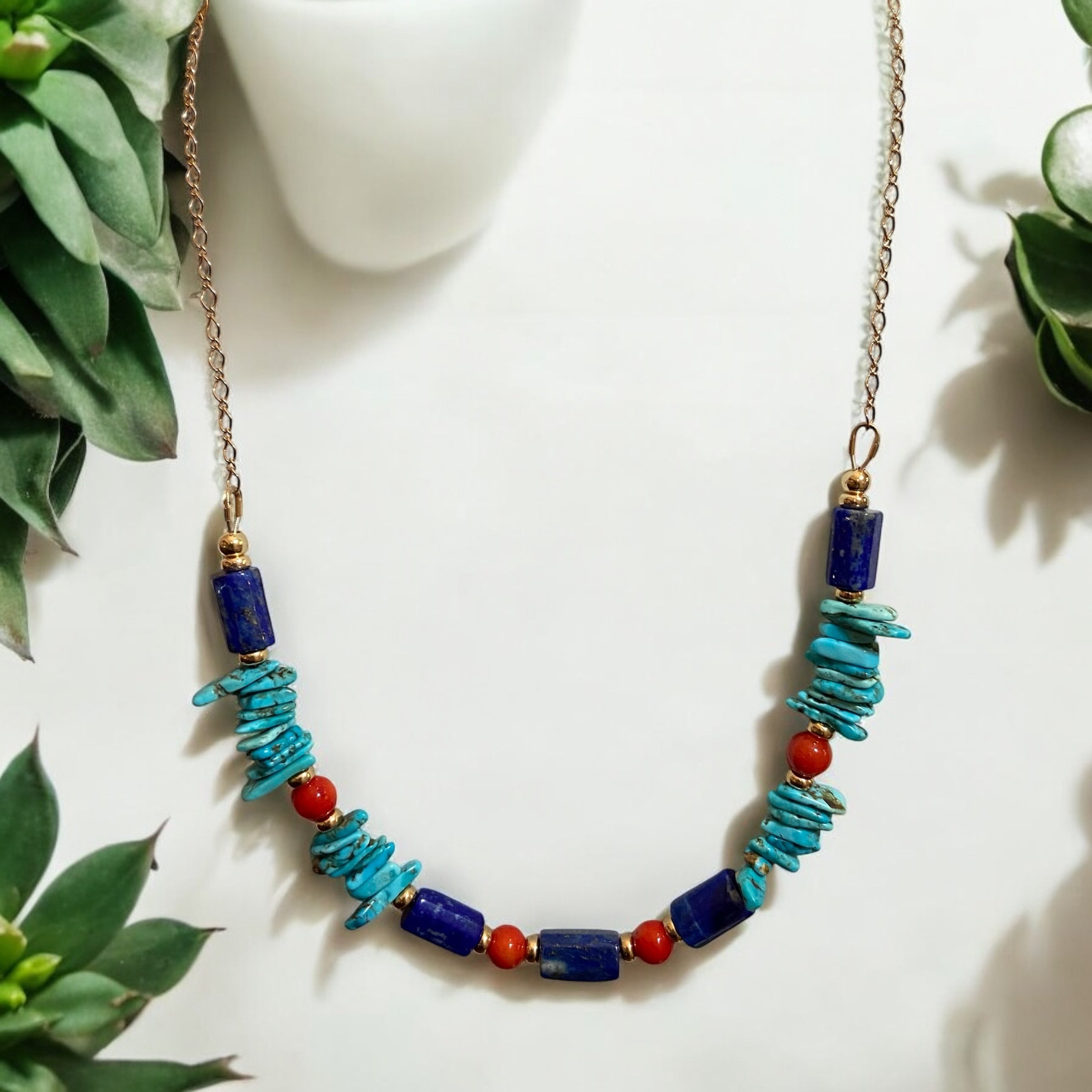 Collector’s Turquoise, Lapis & Red Coral Necklace in 14K Gold (18")