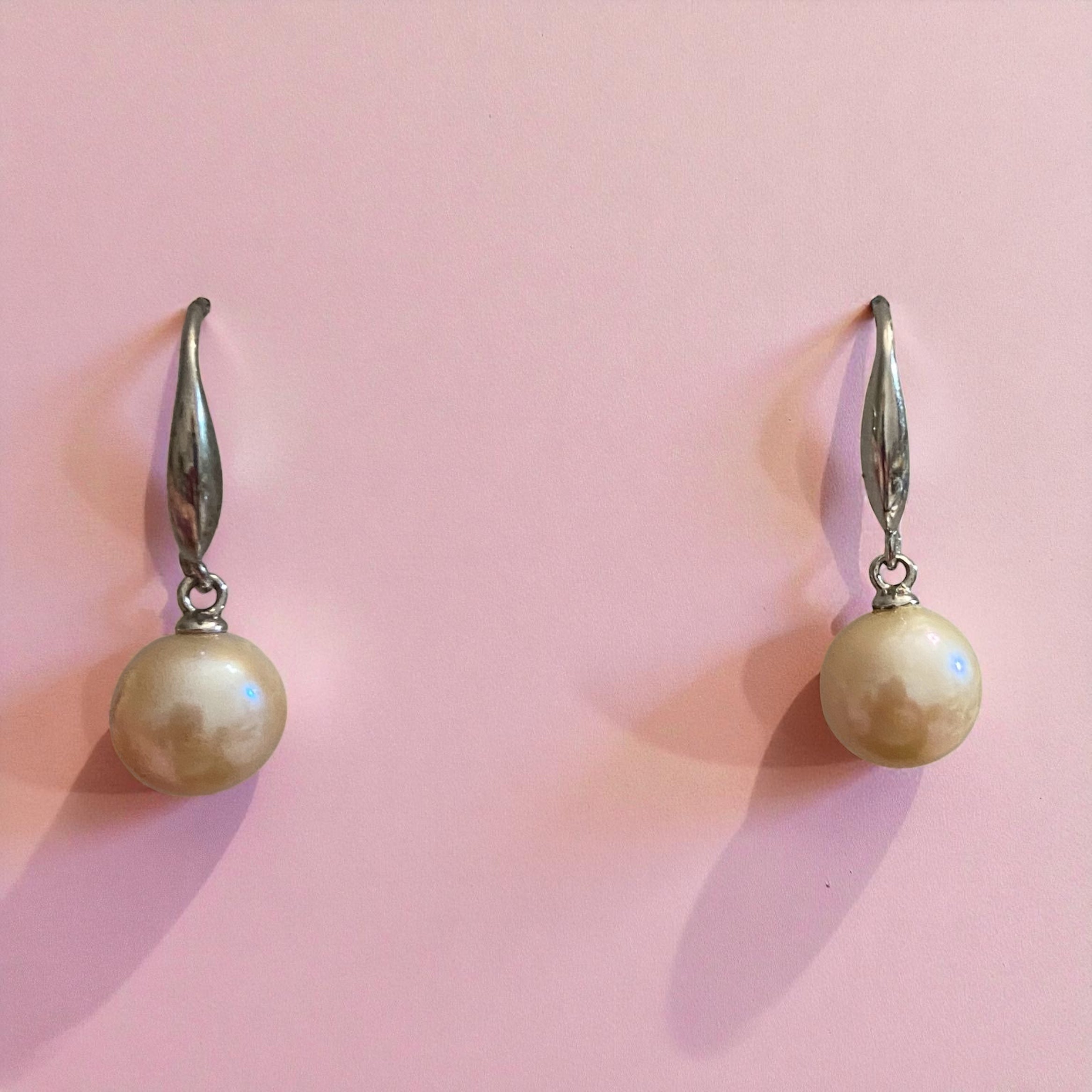 Peach Freshwater Pearl Dangle Earrings – 9.5 mm on Polished Sterling Silver