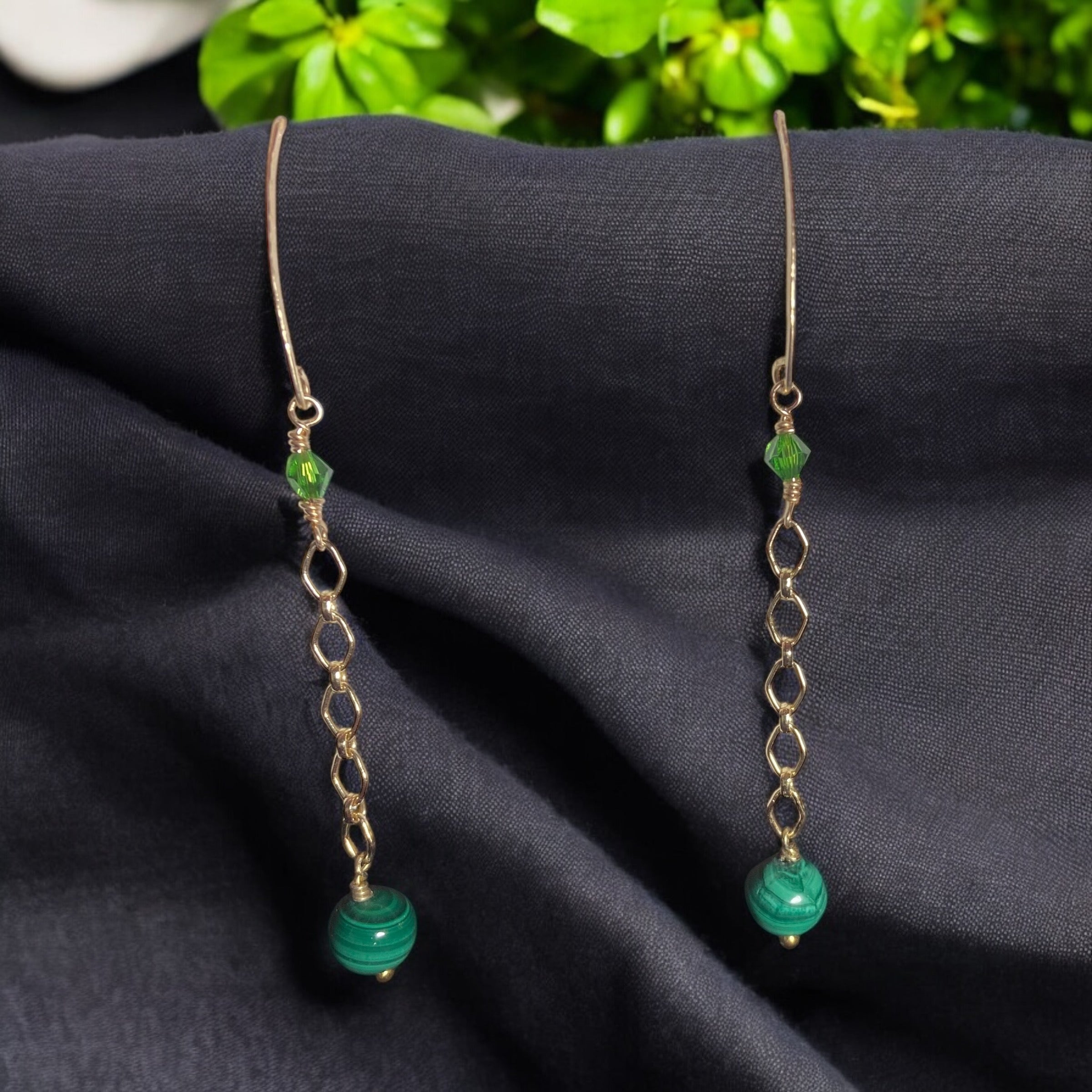 malachite dangle earrings with green crystal