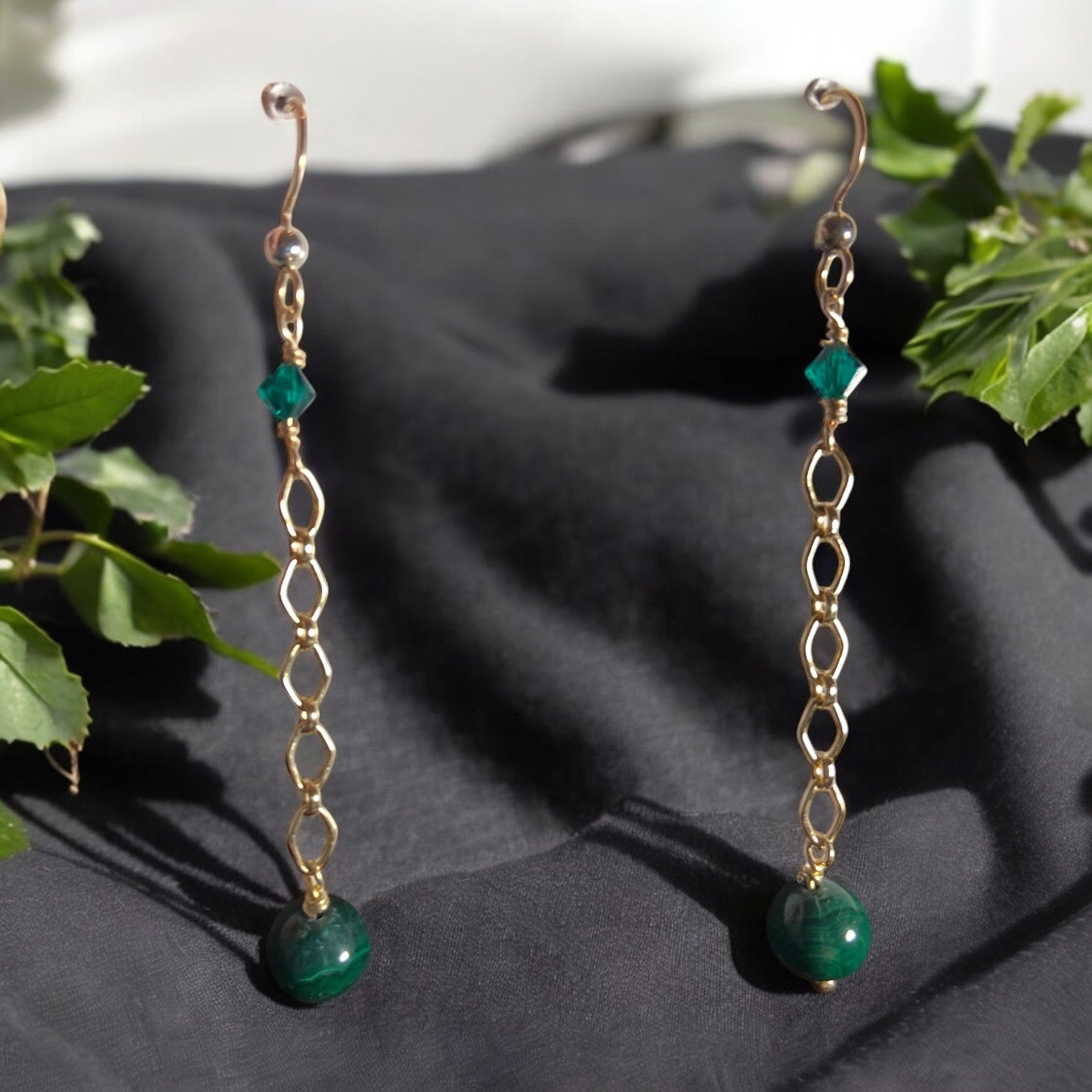 malachite drop earrings with gold bead