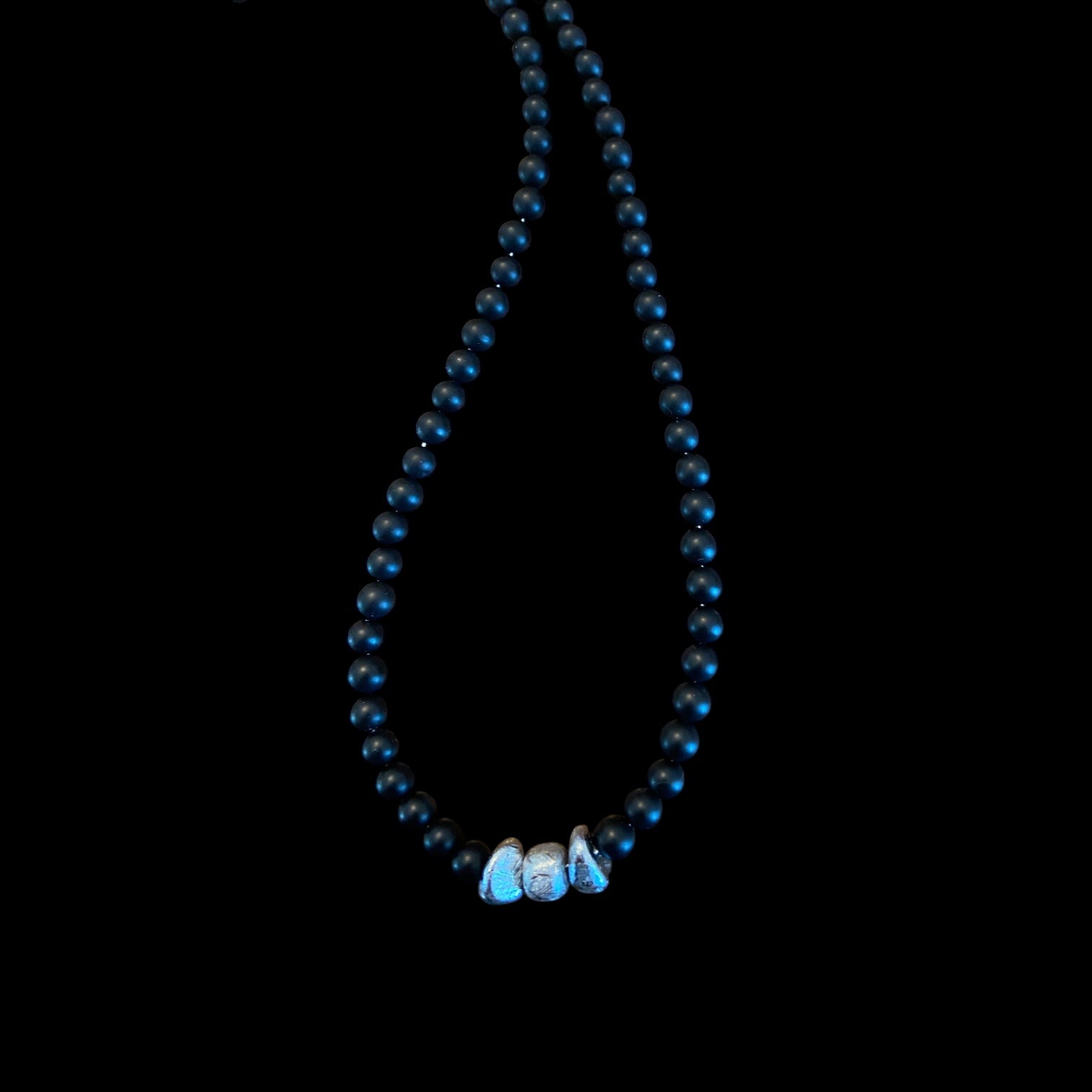 mens black onyx necklace with meteorite stones