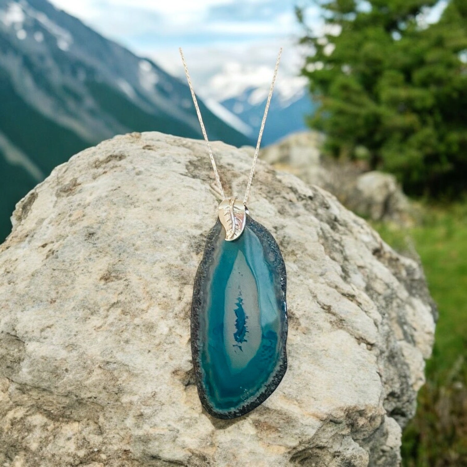 multi-blue dyed agate slice pendant