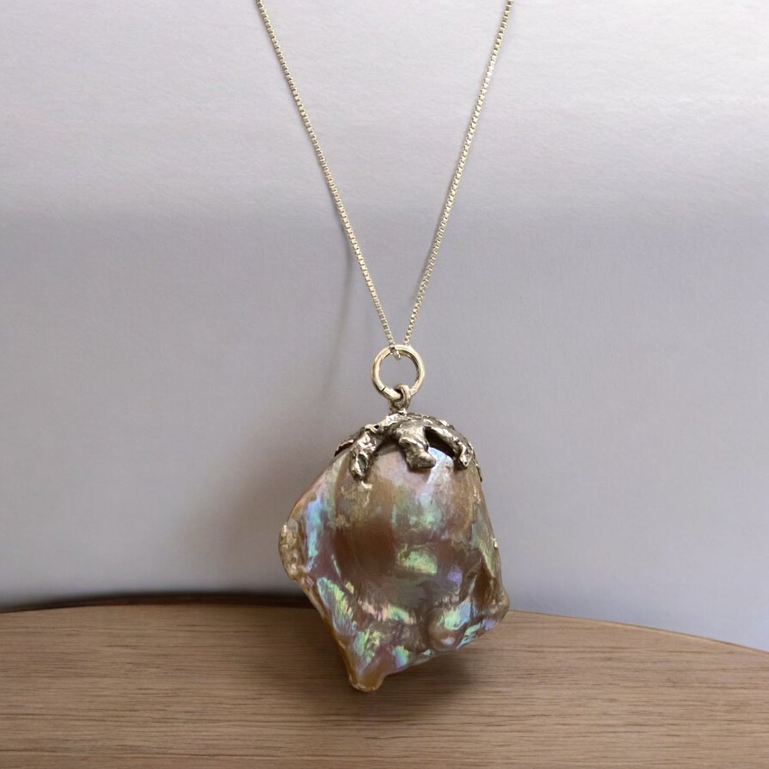 natural pearl necklace hand etched sterling silver bail