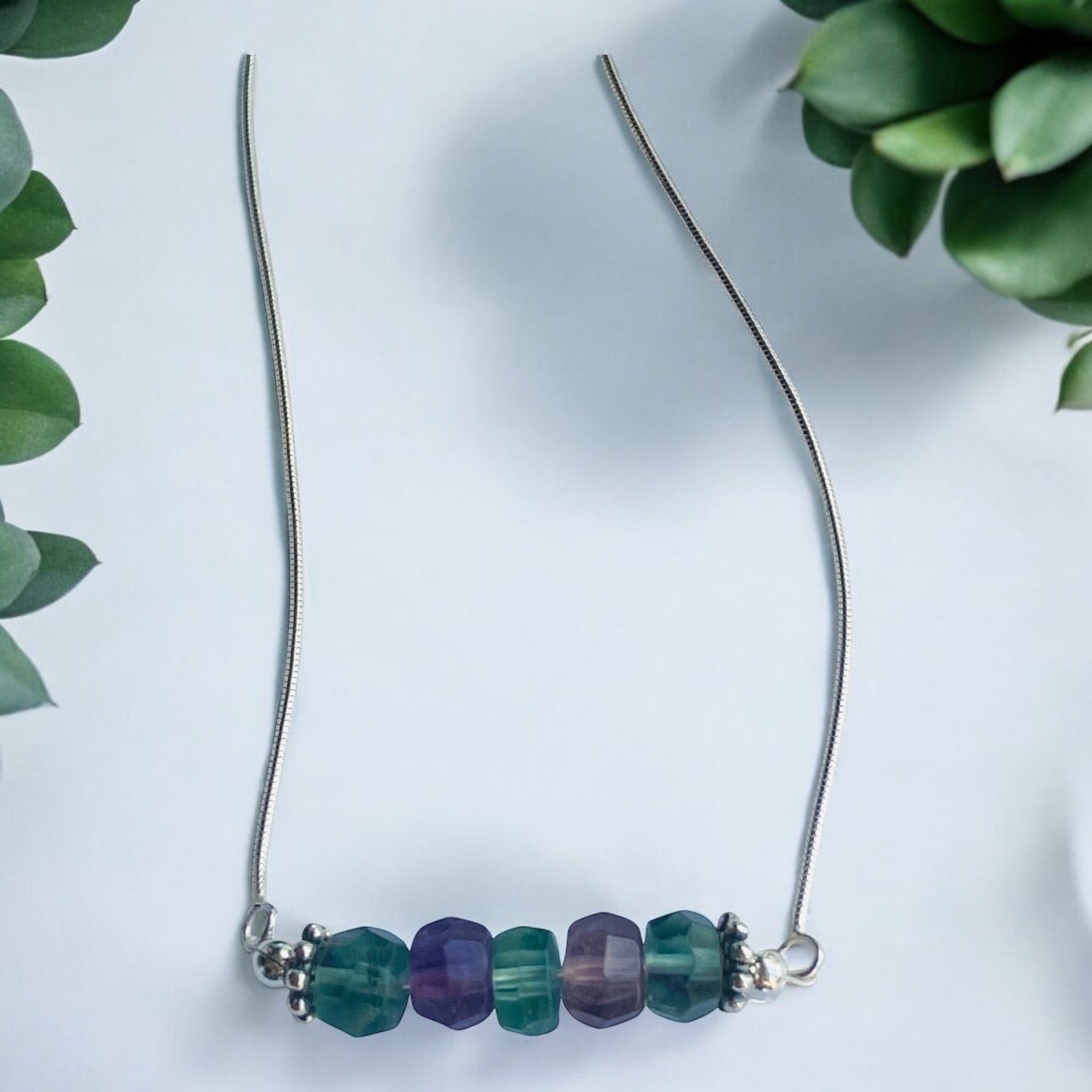 rainbow fluorite necklace, sterling silver chain