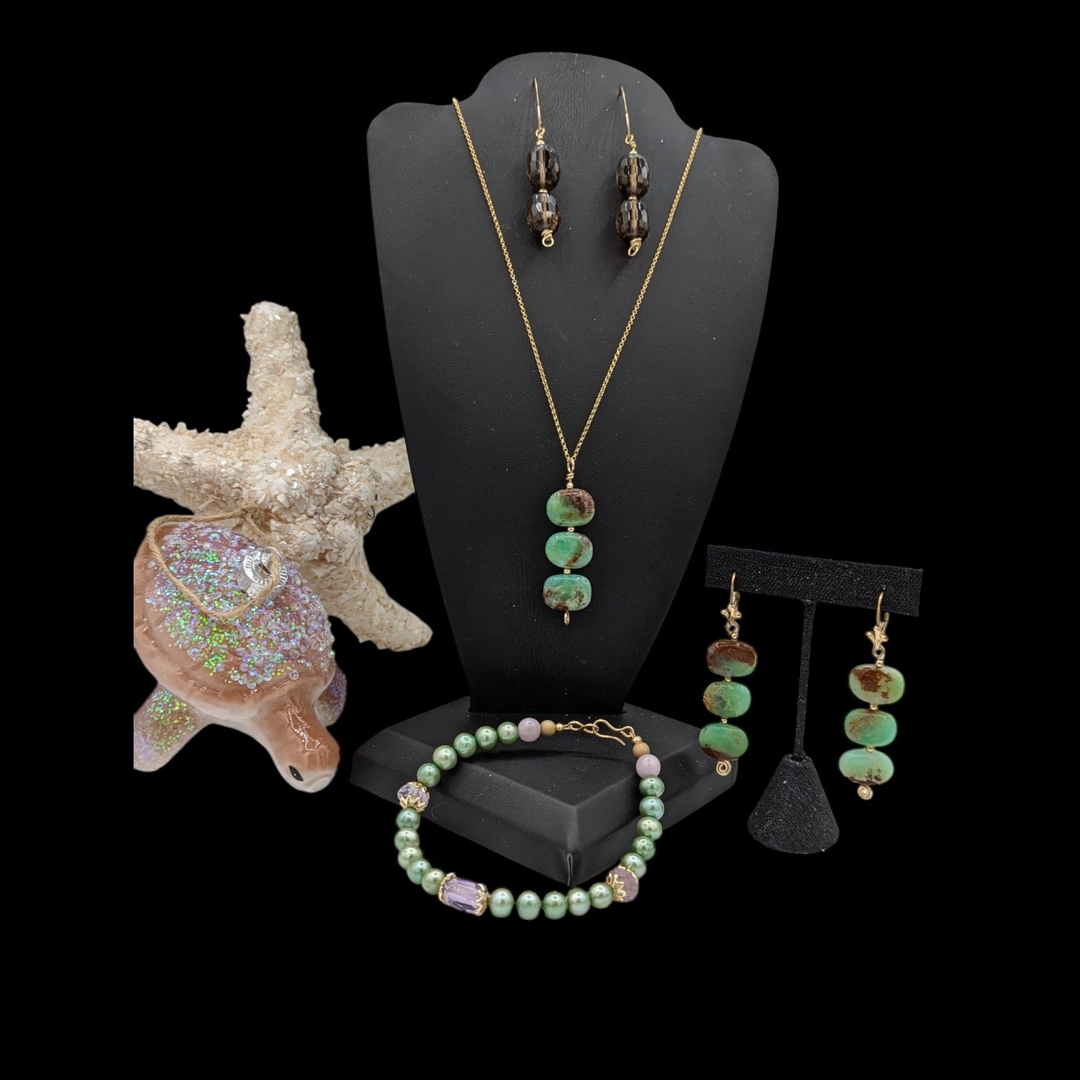 smokey quartz earrings styled with other coordinating pieces