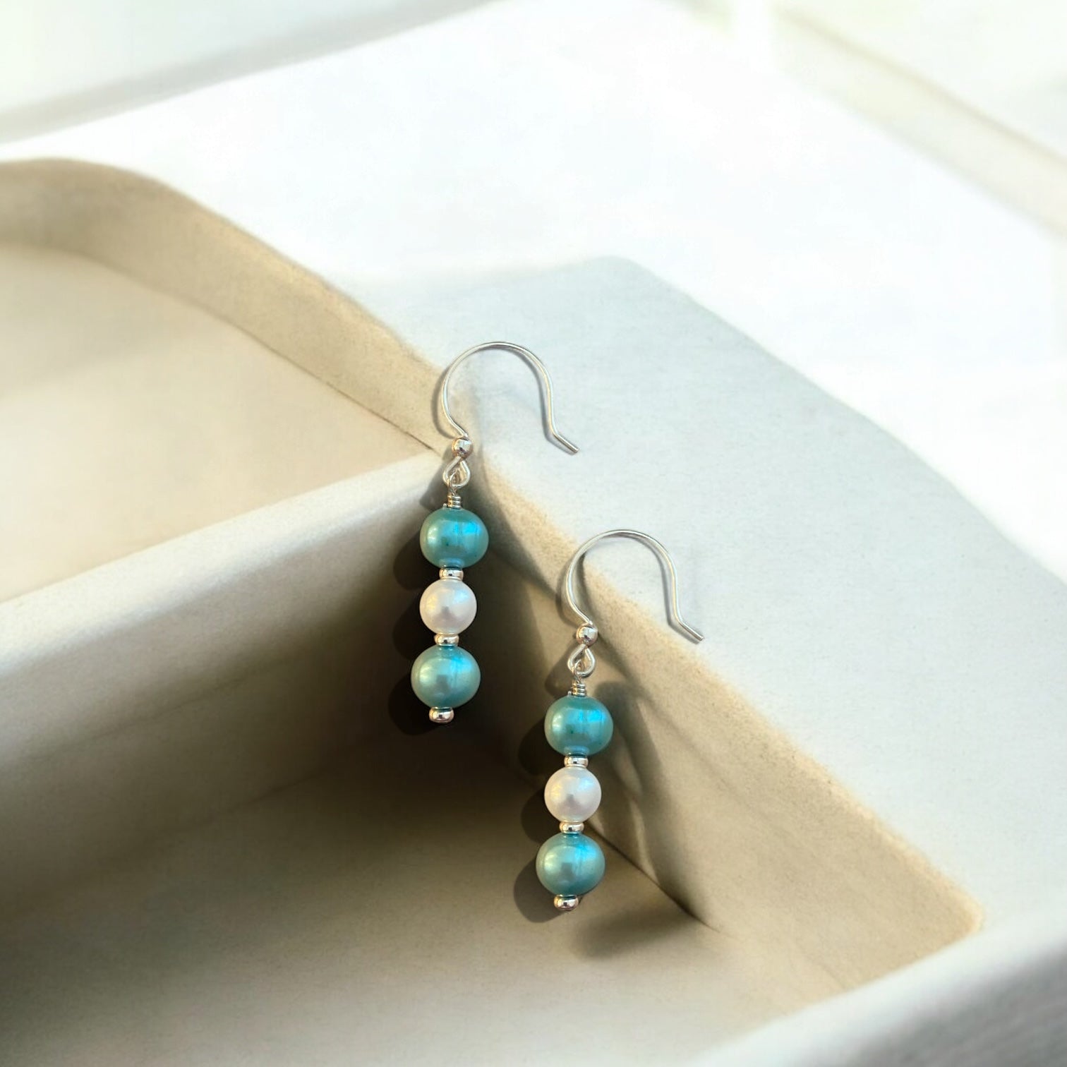 Pearls by the Shore: Teal & White Beaded Earrings | Sterling Silver Beachy Dangles | Coastal Jewelry