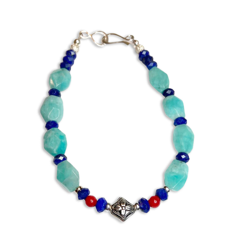 amazonite, lapis and red coral sterling silver bracelet