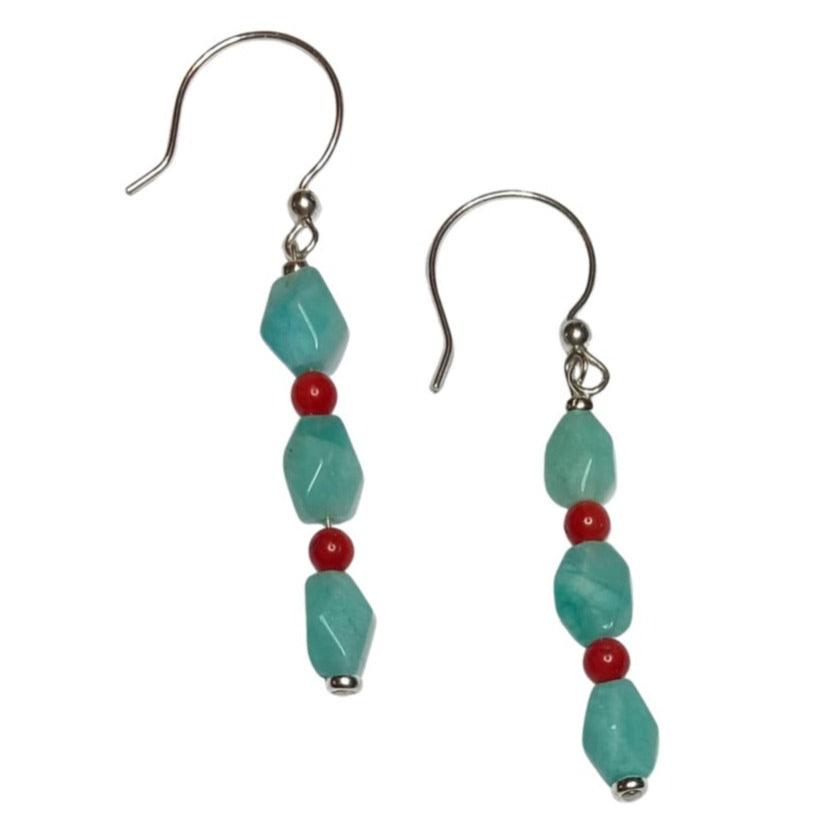brazilian amazonite and red coral sterling silver earrings