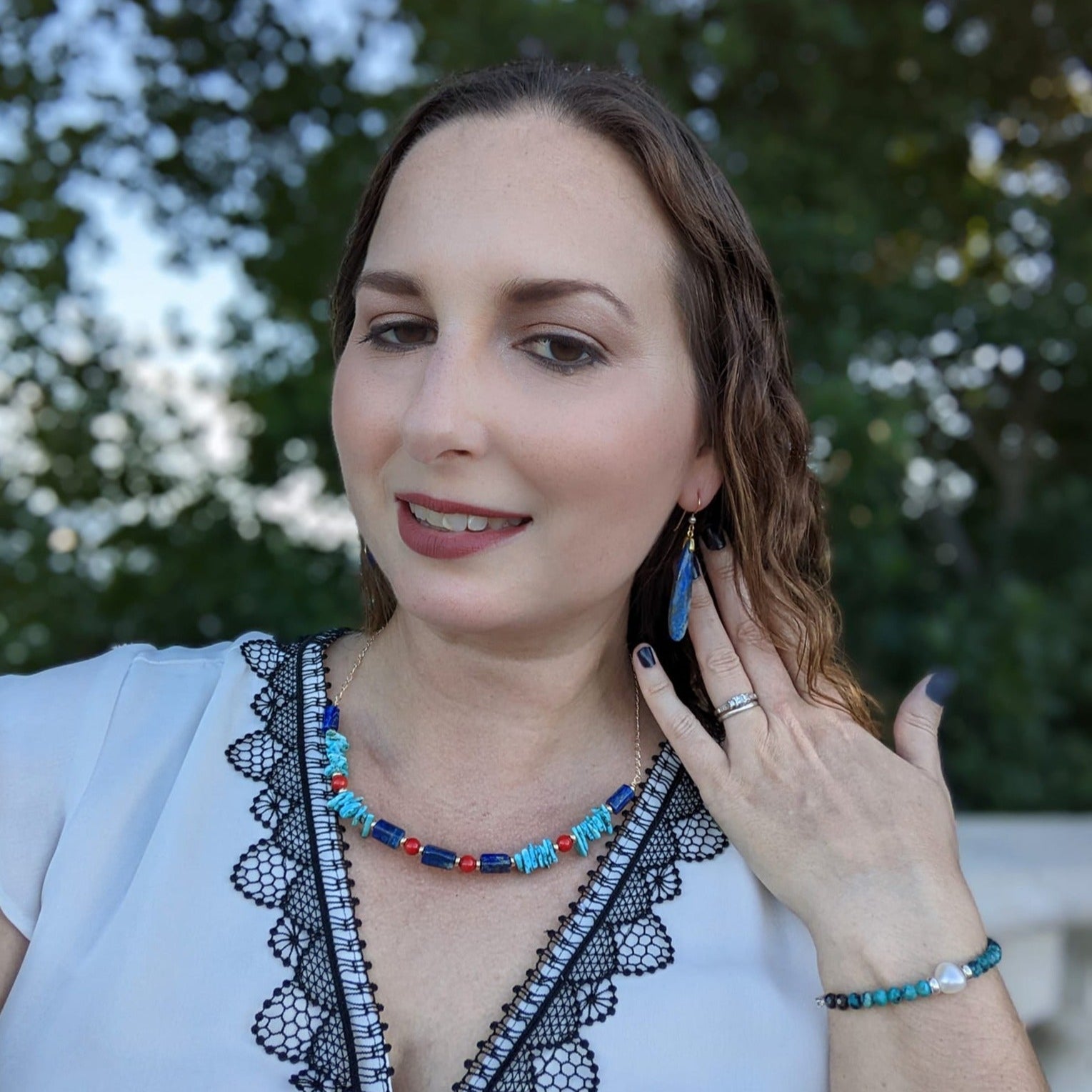 turquoise, lapis, and red coral necklace styled