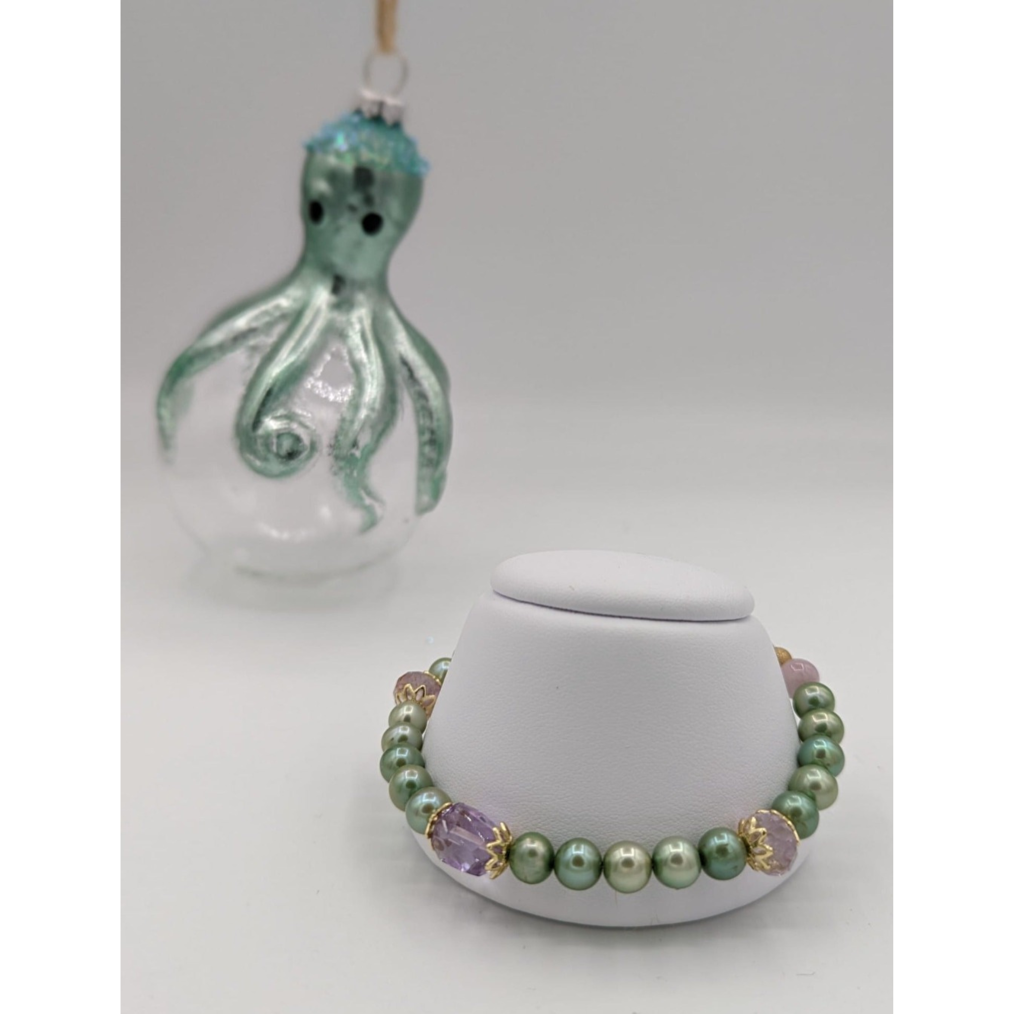 Regal Harmony: 14K Gold-Filled Amethyst & Green Pearl Bracelet