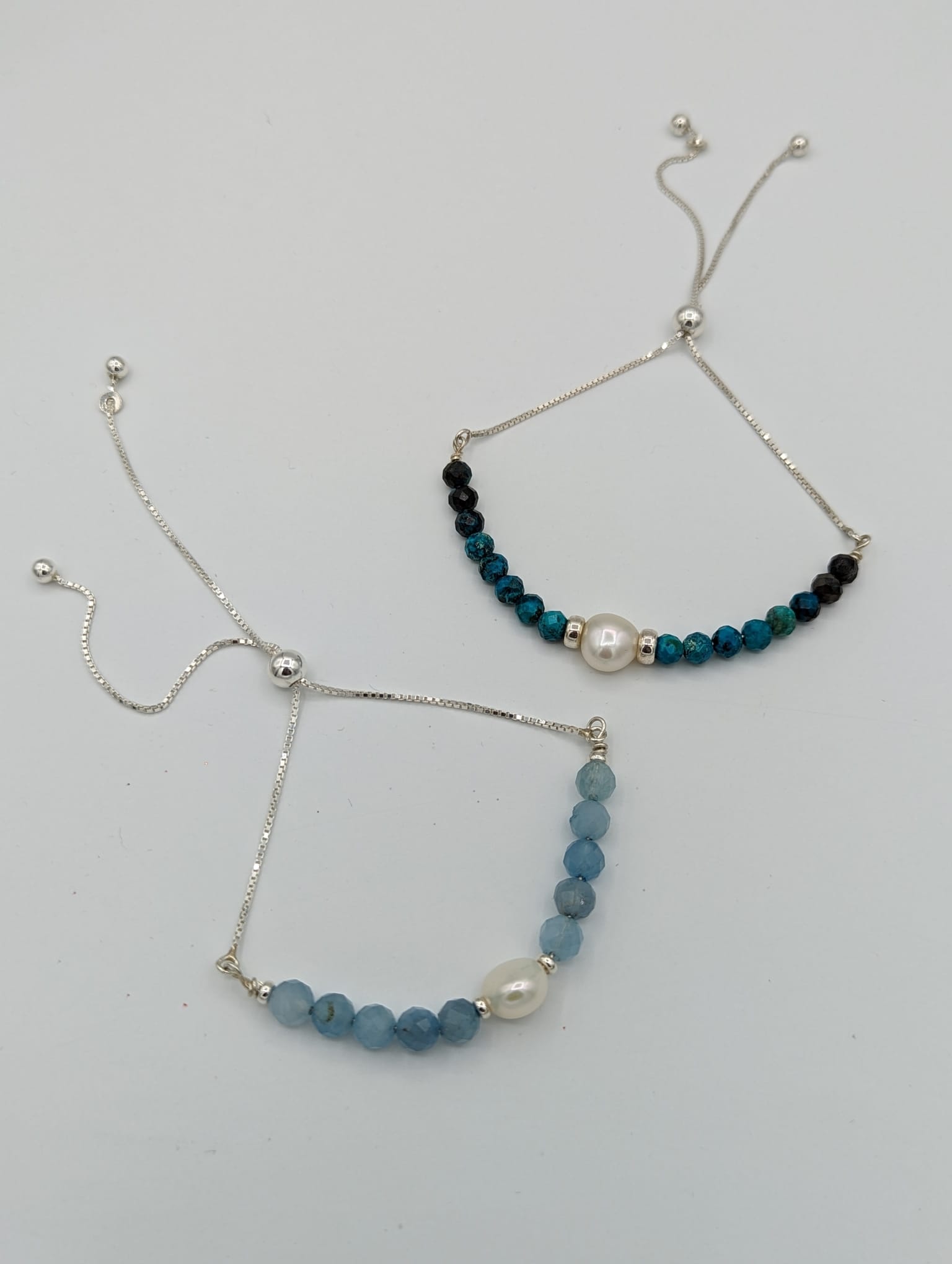 Tranquil Beauty: Sterling Silver Chrysocolla & Pearl Adjustable Bracelet