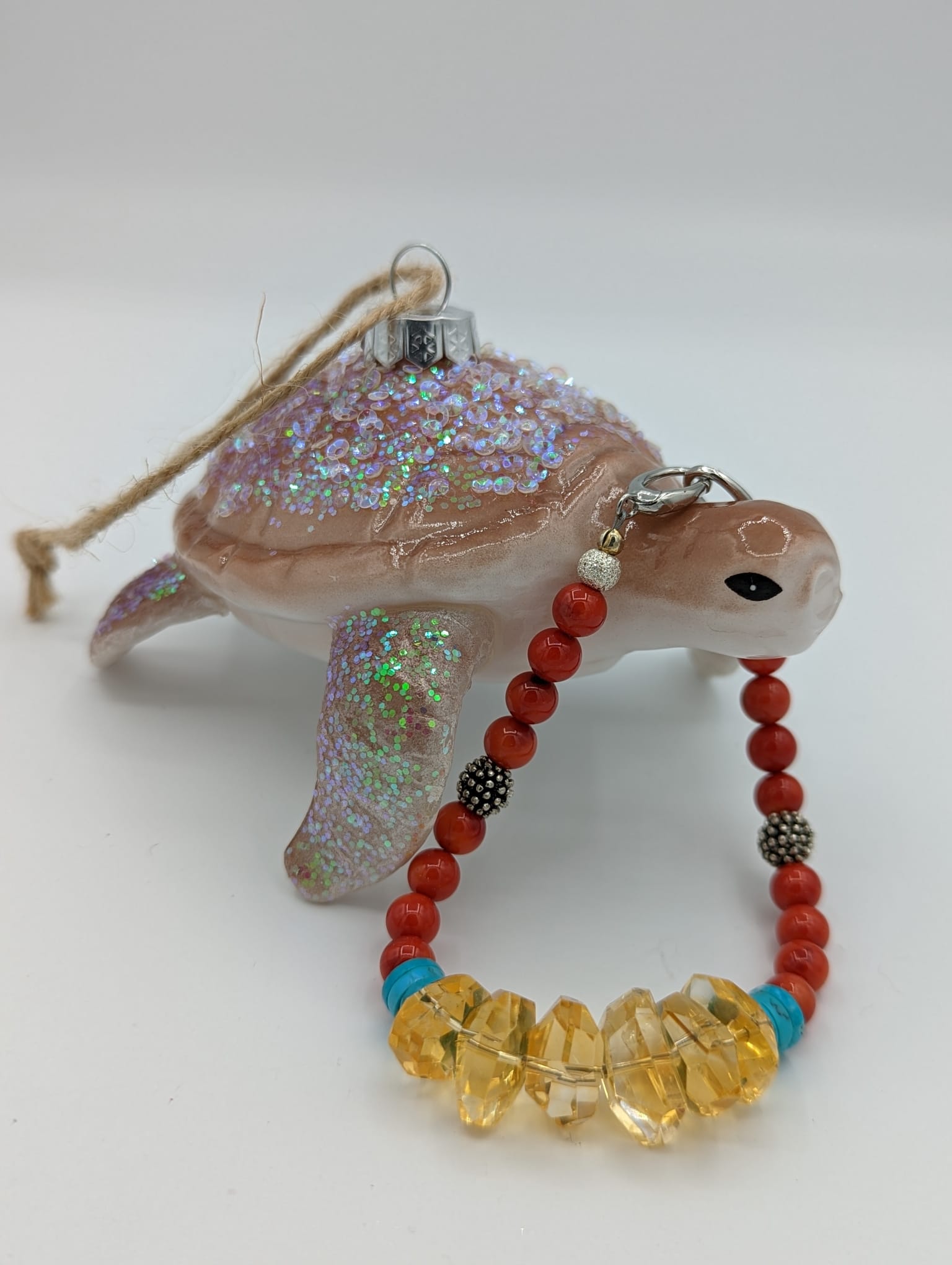 Fiery Elegance: Sterling Silver Red Coral, Citrine, and Turquoise Bracelet