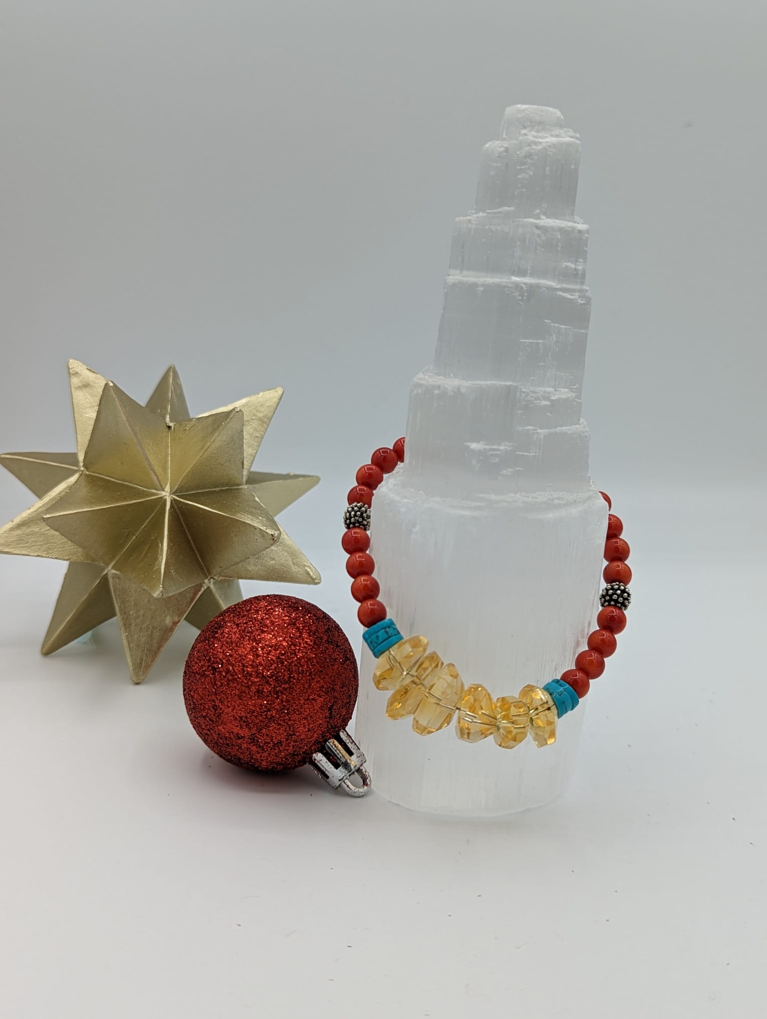 Fiery Elegance: Sterling Silver Red Coral, Citrine, and Turquoise Bracelet