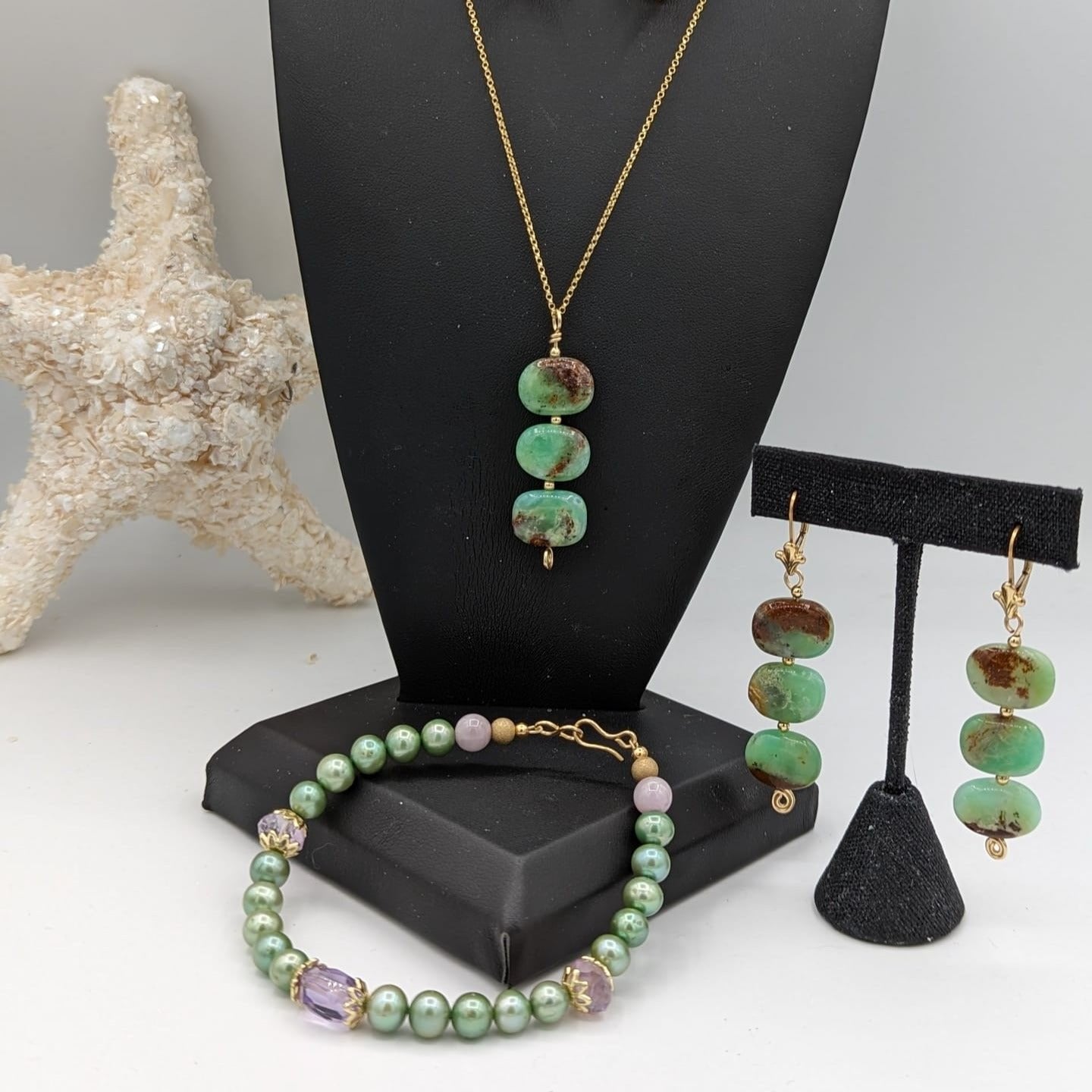 Chyrosaprase Earrings styled with gold-filled smokey quartz AAAA grade and green pearl bracelet