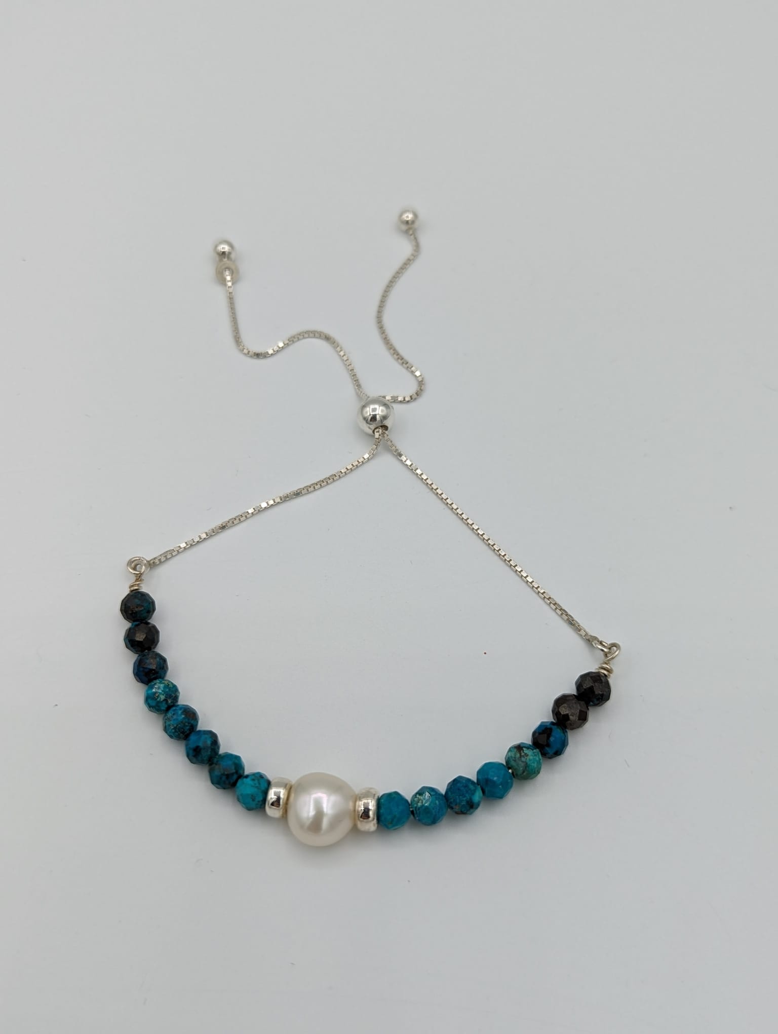 Tranquil Beauty: Sterling Silver Chrysocolla & Pearl Adjustable Bracelet